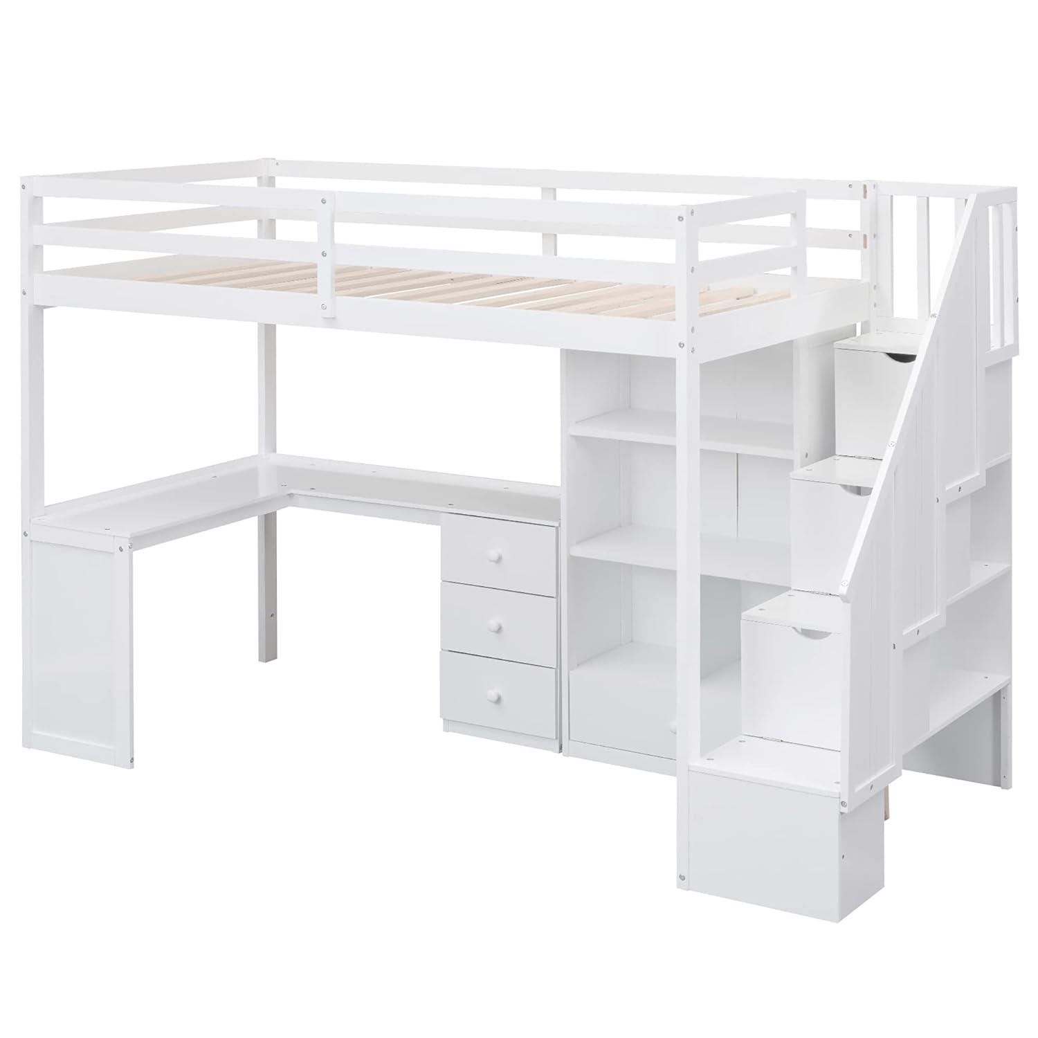 Bellemave Twin Size Loft Bed with Desk and Stairs Wood Loft Beds with Storage Cabinet and Bookcase High Loft Bed Frame with Staircase Shelves for Kids, Teen, Boys, Girls, White
