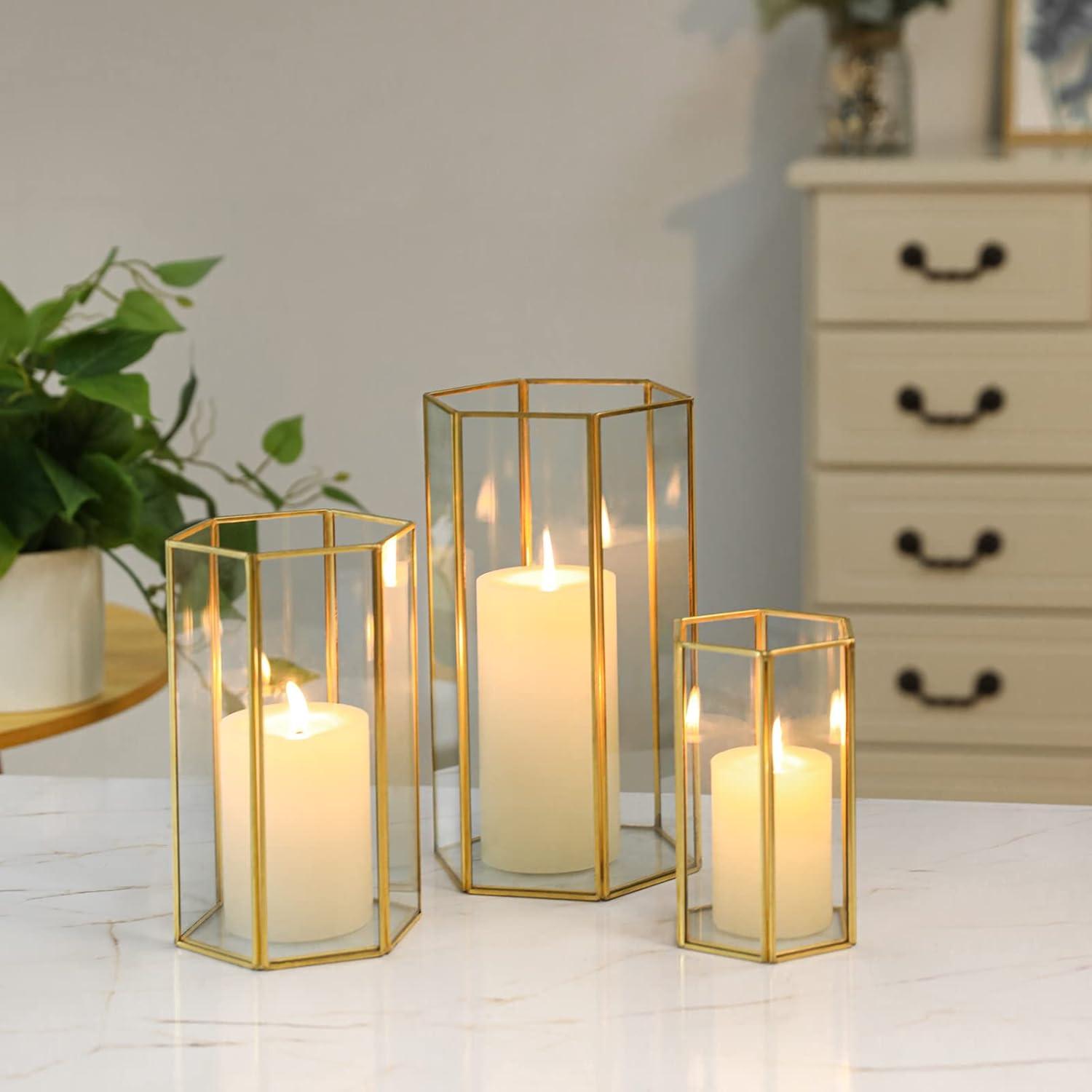 Phosphor Small Hurricane Candle Holder Set of 3 Pieces, Black Glass Candle Holder for Wedding, Party, Holiday.