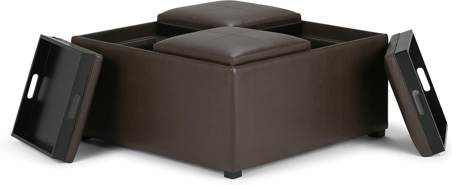 Simpli Home Avalon 35"W Upholstered Square Coffee Table Storage Ottoman with Flip-Over Trays
