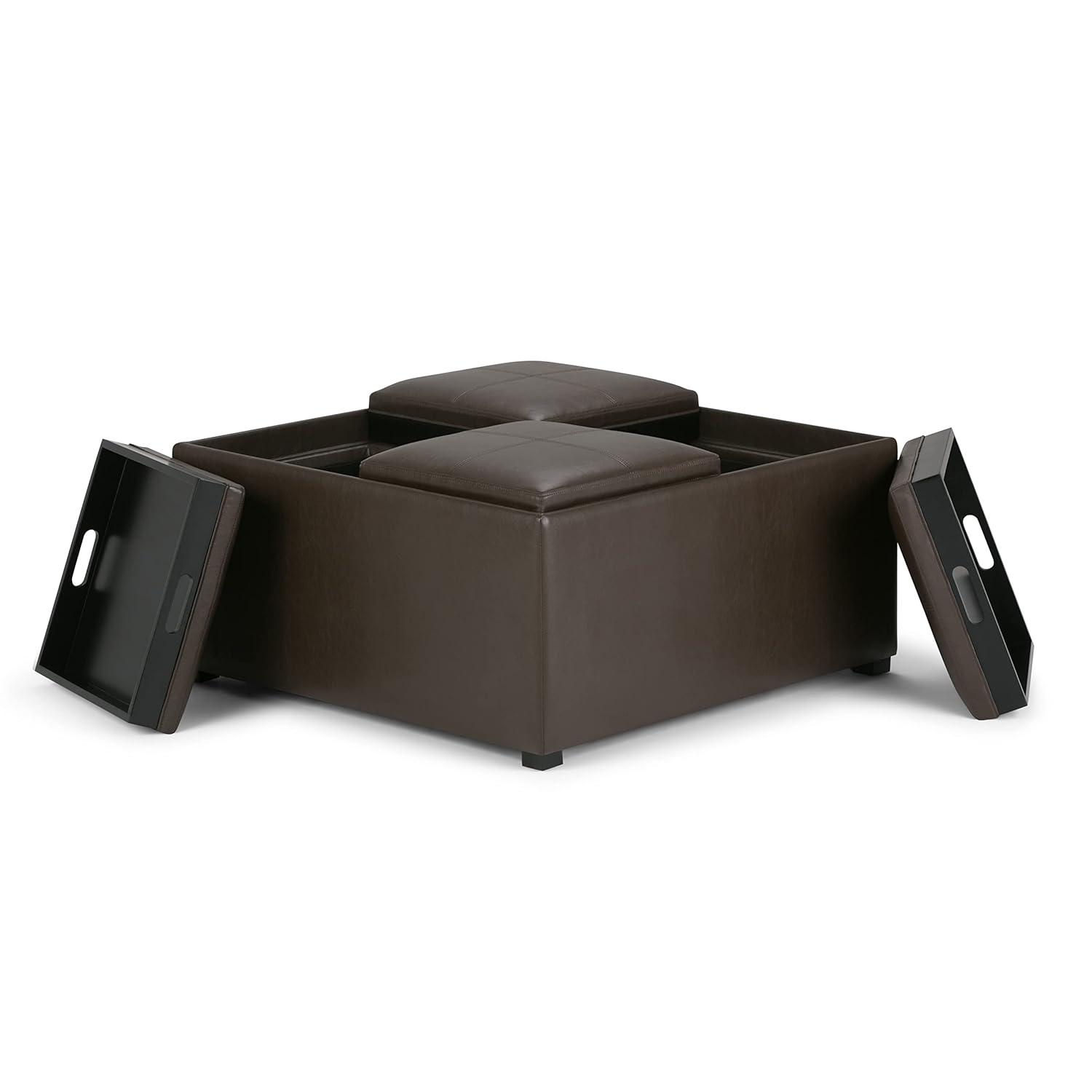 Simpli Home Avalon 35"W Upholstered Square Coffee Table Storage Ottoman with Flip-Over Trays