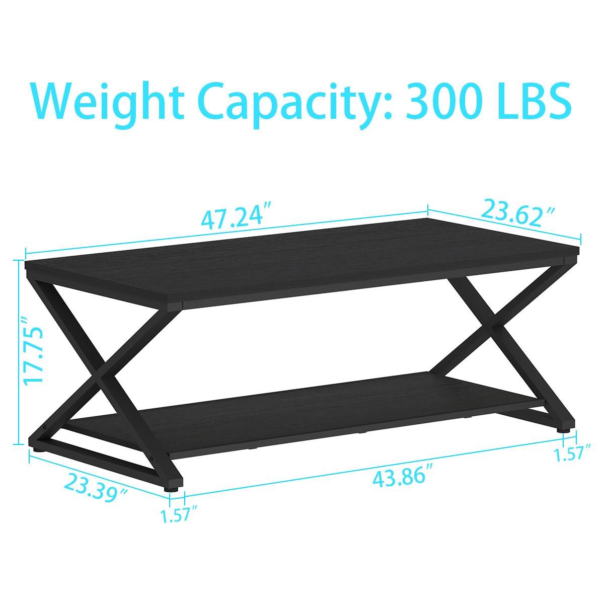 47 Inch Table with Storage Shelf, 2 Tier Rectangle Center Table Minimalist Home Tea Coffee Table