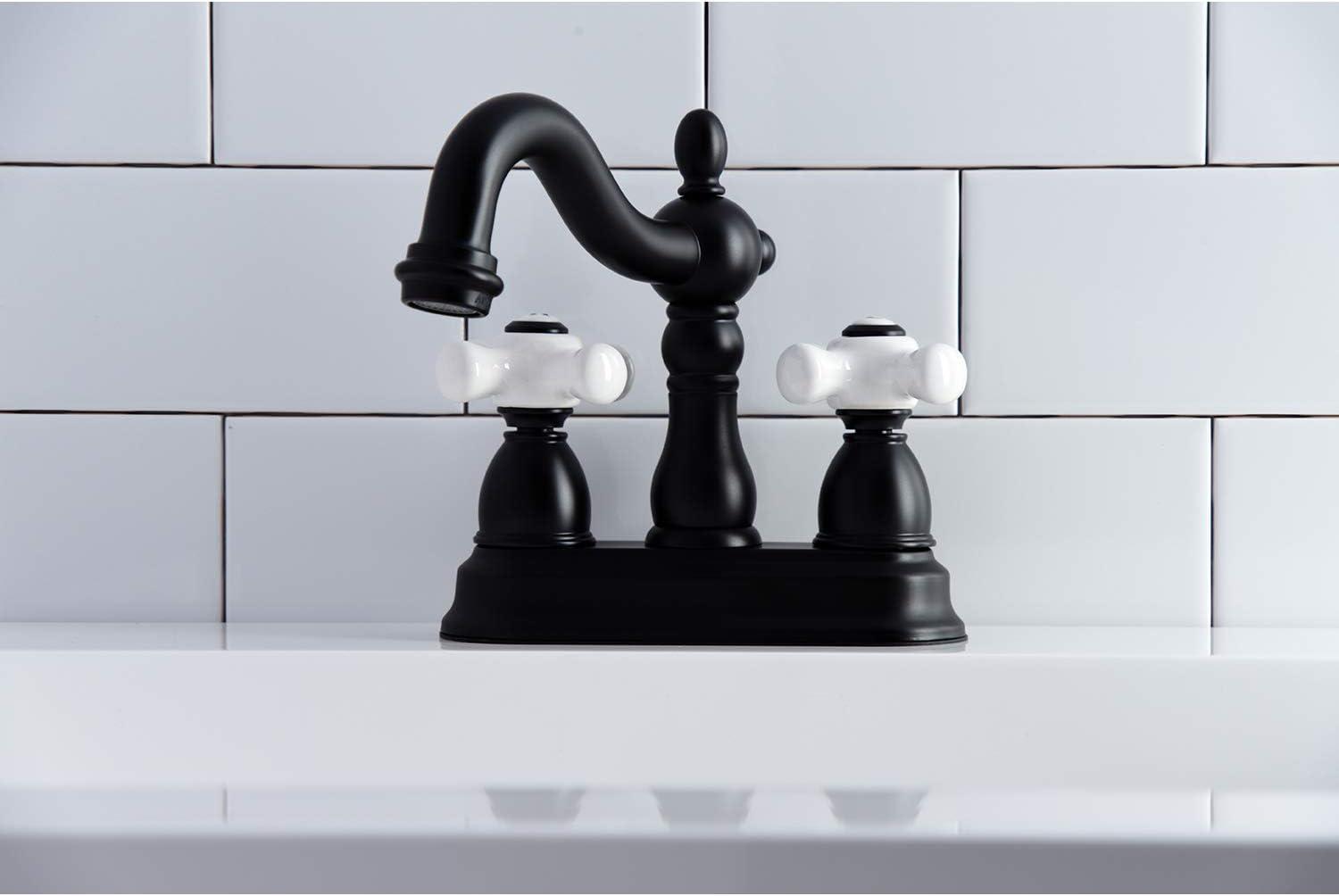 Kingston Brass Heritage Two-Handle 3-Hole Deck Mount 4" Centerset Bathroom Faucet with Plastic Pop-Up