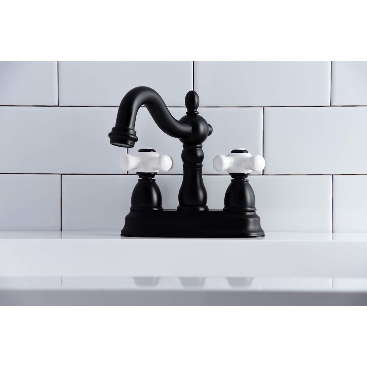 Kingston Brass Heritage Two-Handle 3-Hole Deck Mount 4" Centerset Bathroom Faucet with Plastic Pop-Up