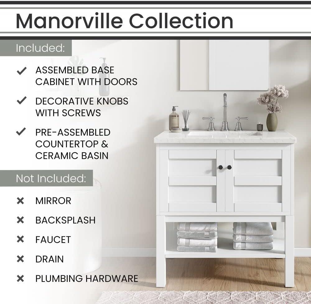 Hanover Manorville 31'' Vanity Cabinet with Sink Combo for Bathroom, Powder Room | Pre-Assembled Cabinet | Artificial Stone Marble Countertop, White Cabinet | HANVN0101-31-1WH