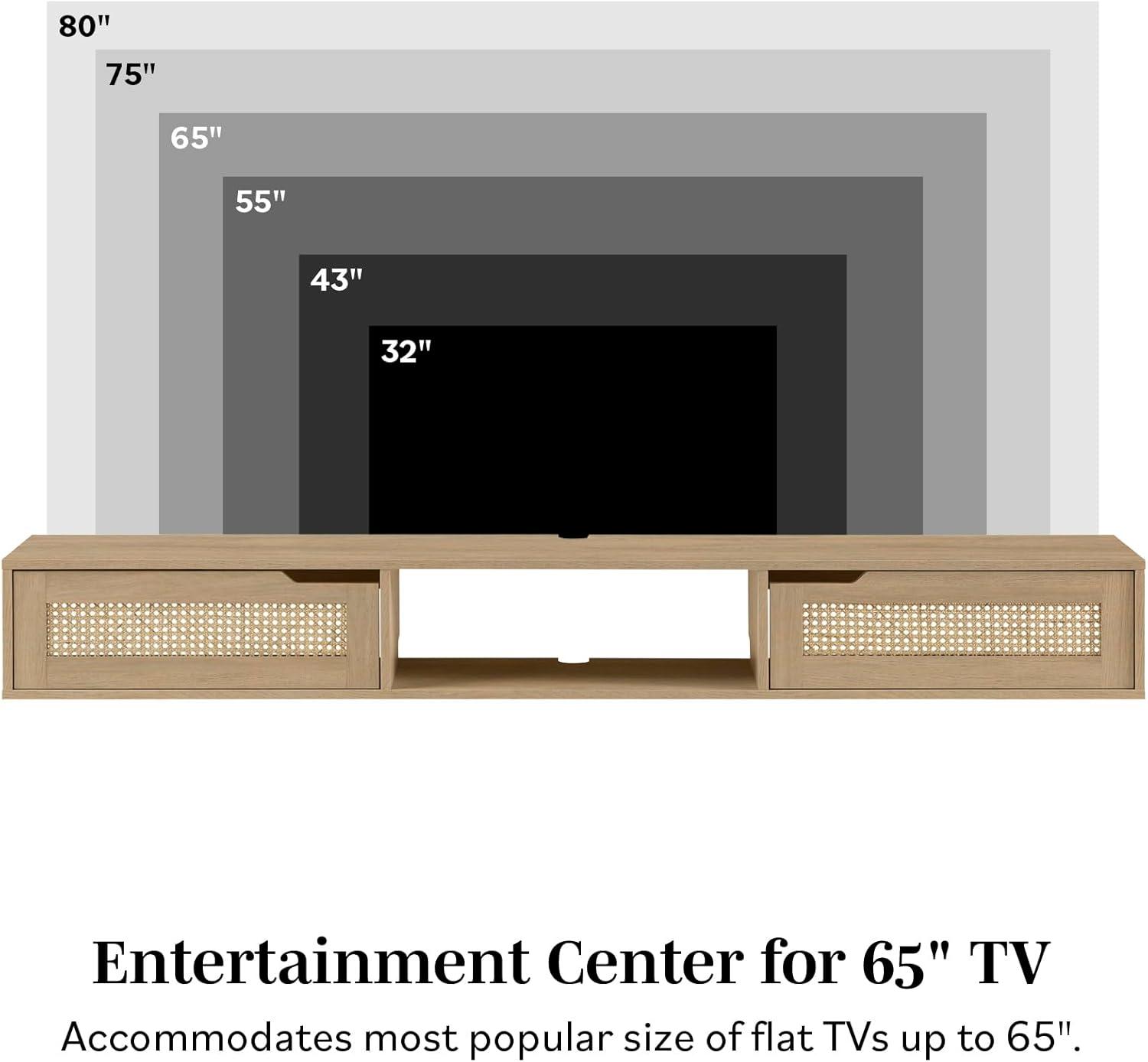 Coastal Oak 70" Floating TV Stand with Rattan Cabinet Doors