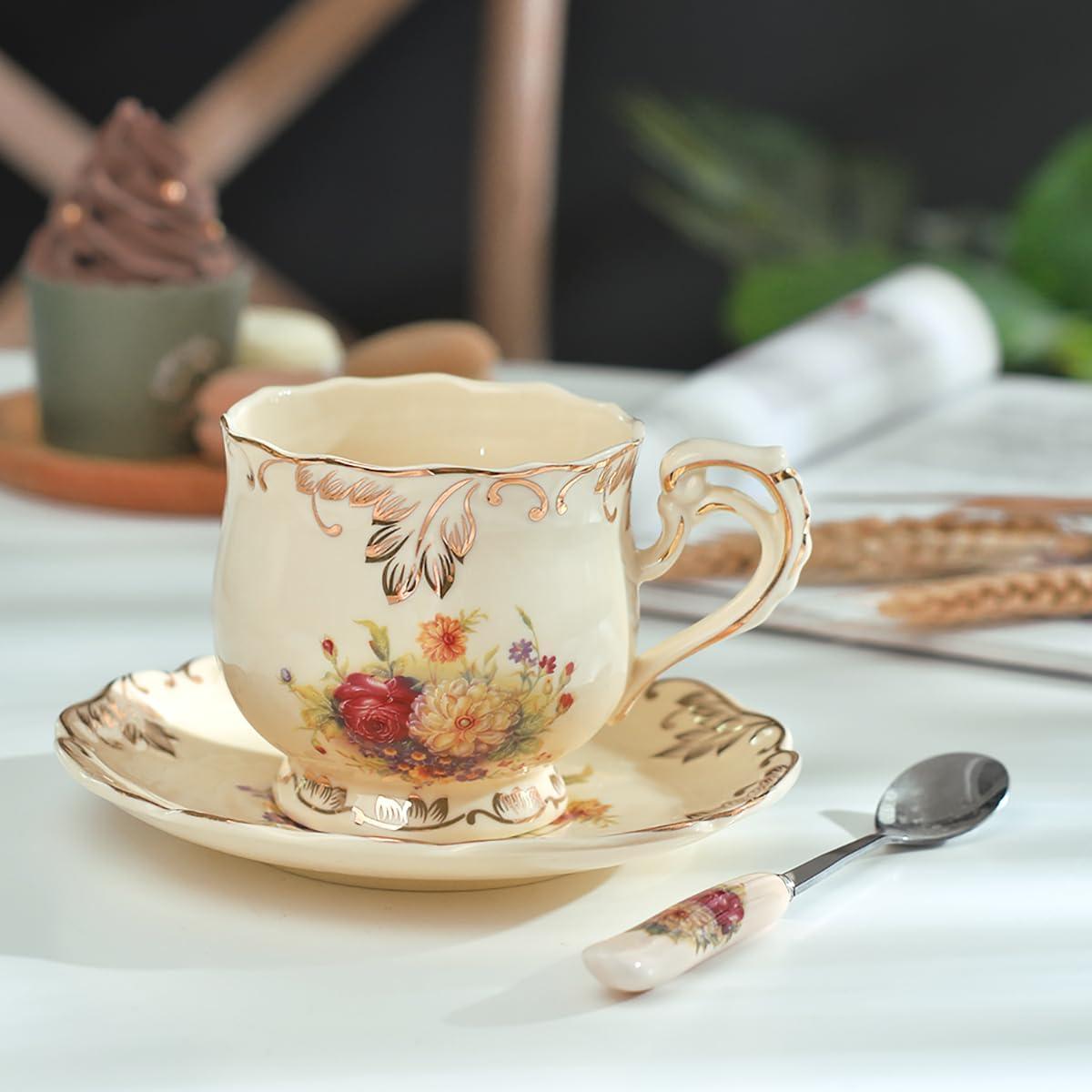 ShengRui Tea Cup and Saucer Set, 8 oz Tea Cup Set, Teacup, Ceramic Tea Cup with Suacer Spoon, Ivory Vintage Rose Floral with Gold Leaves Trim, Gifts for Women