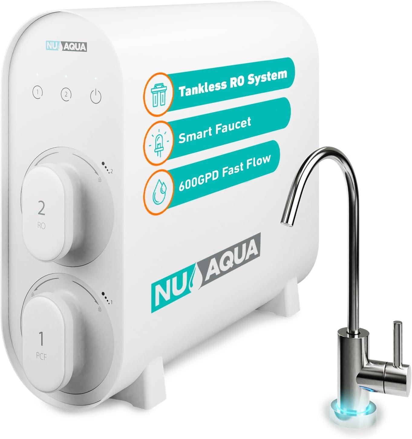 NU Aqua Tankless Reverse Osmosis System - 7 Stage Under Sink Reverse Osmosis Water Filter System - 2:1 - LED Kitchen Countertop Smart Faucet - 600 GPD Tankless RO Water Filtration System Under Sink