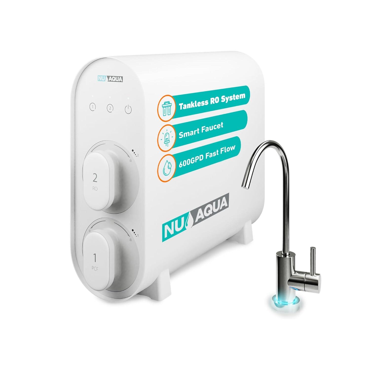 NU Aqua Tankless Reverse Osmosis System - 7 Stage Under Sink Reverse Osmosis Water Filter System - 2:1 - LED Kitchen Countertop Smart Faucet - 600 GPD Tankless RO Water Filtration System Under Sink