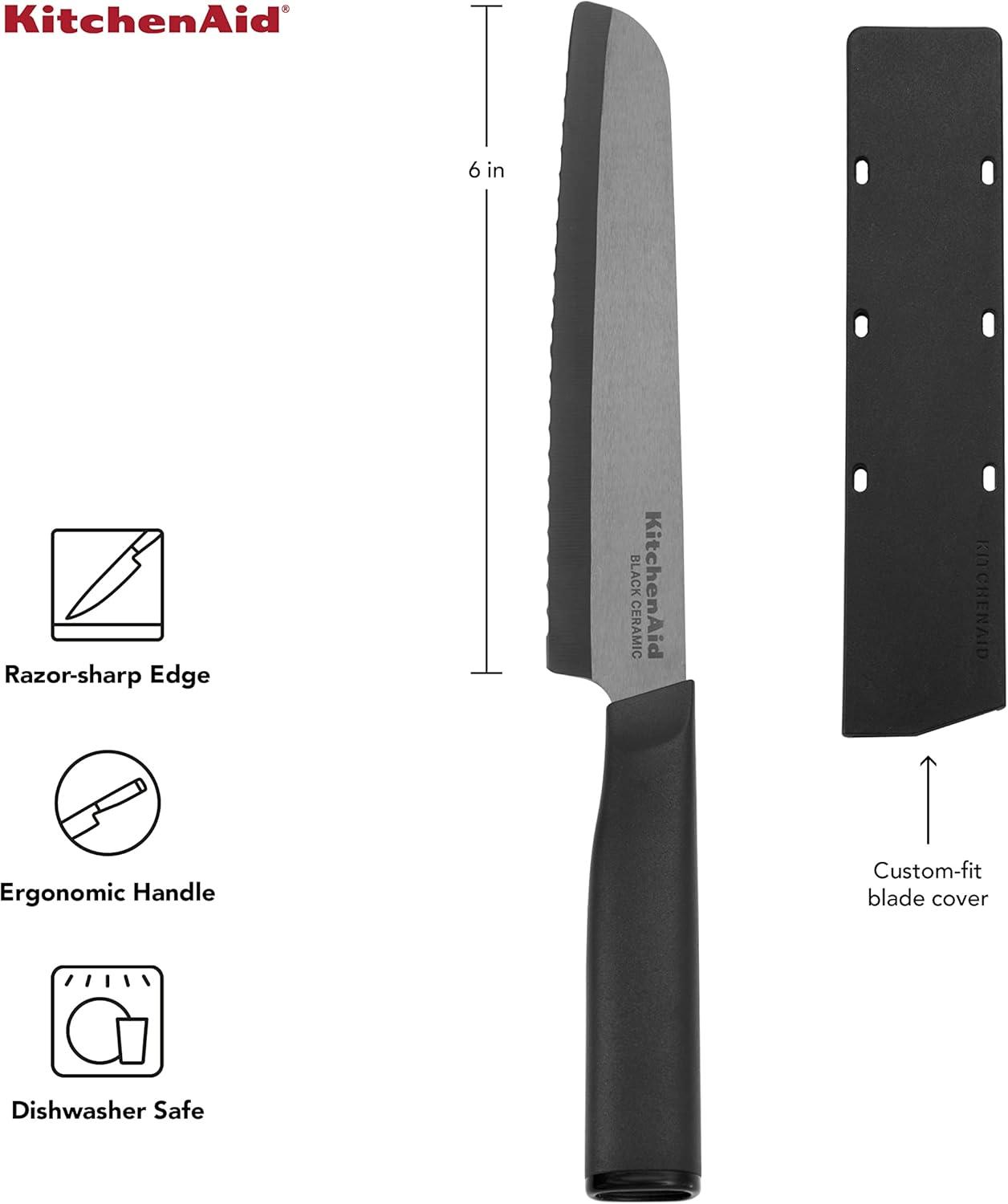 Kitchenaid Classic Ceramic Serrated Bread Knife with Endcap and Blade Cover, 6-inch, Black