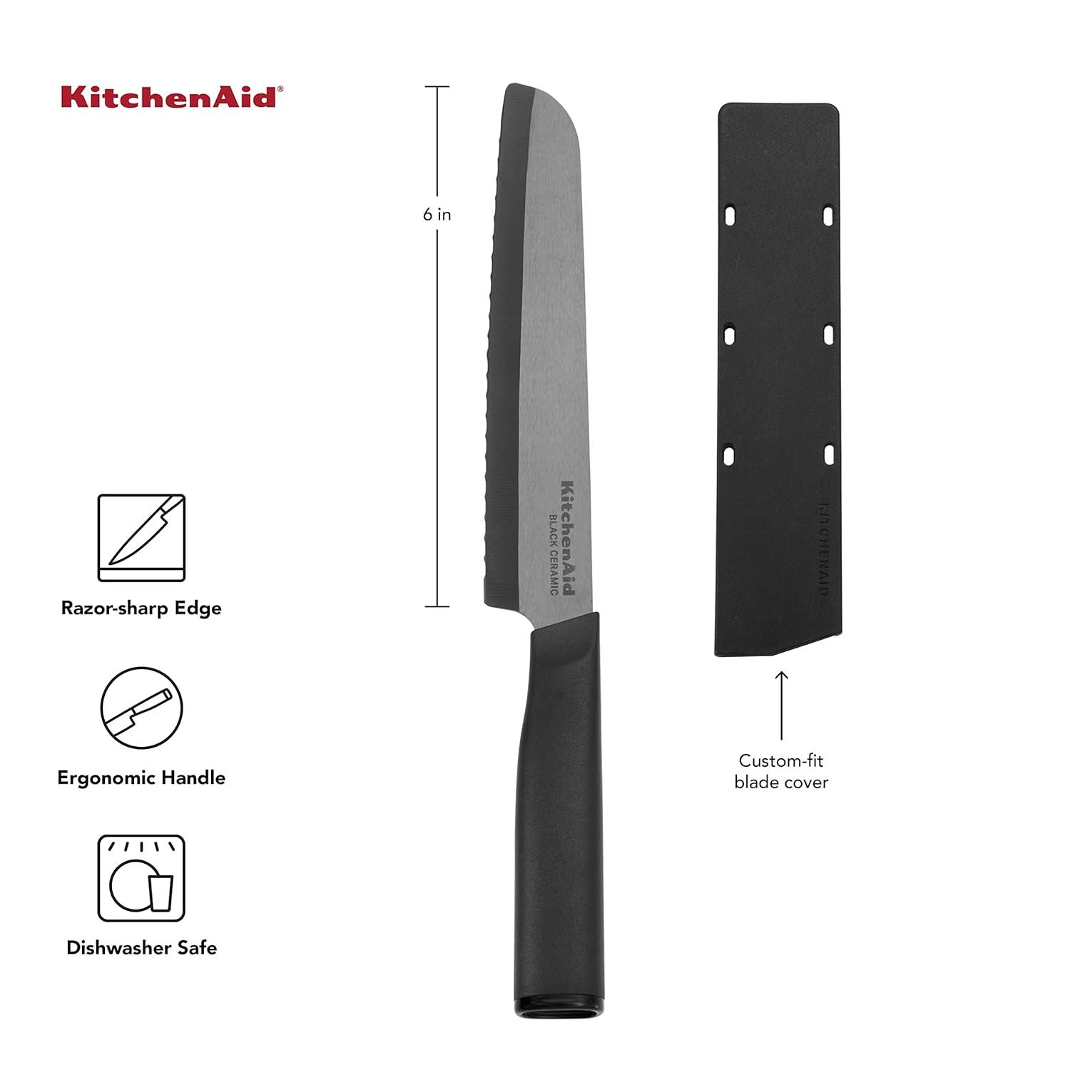 Kitchenaid Classic Ceramic Serrated Bread Knife with Endcap and Blade Cover, 6-inch, Black