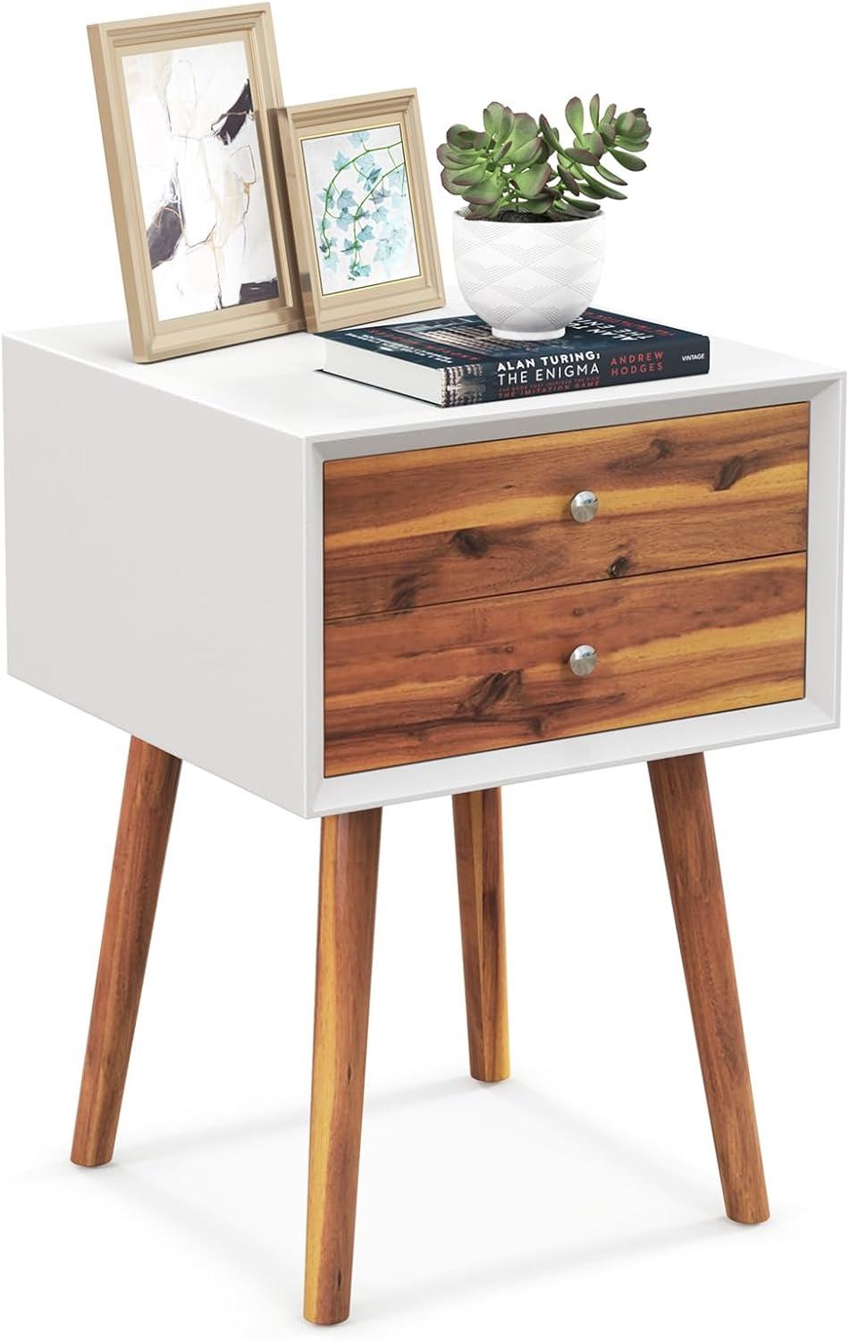 Giantex Mid Century Modern Nightstand, Wooden Bedside Tables w/ 2 Storage Drawers & Solid Wood Legs, Practical End Side Table for Living Room Bedroom, White & Walnut