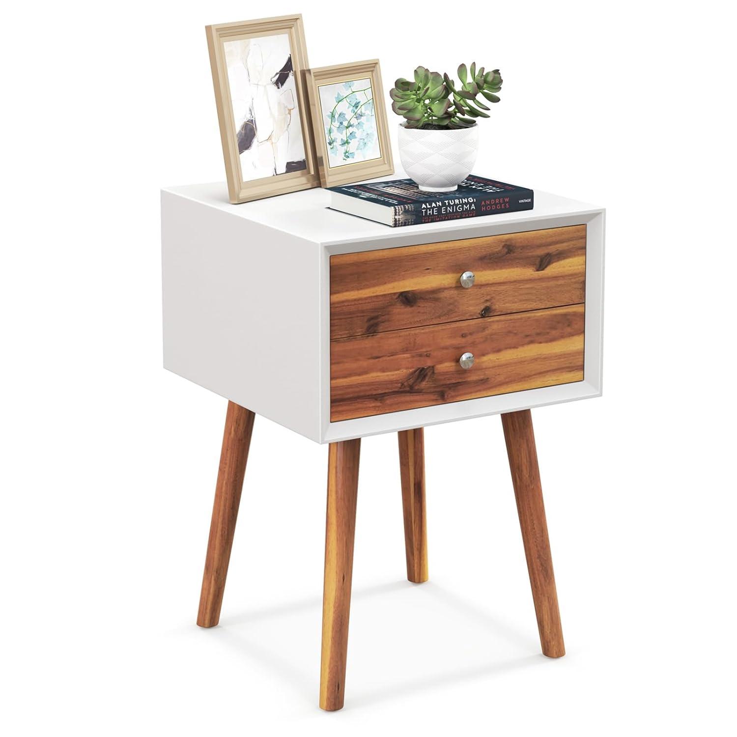 Giantex Mid Century Modern Nightstand, Wooden Bedside Tables w/ 2 Storage Drawers & Solid Wood Legs, Practical End Side Table for Living Room Bedroom, White & Walnut