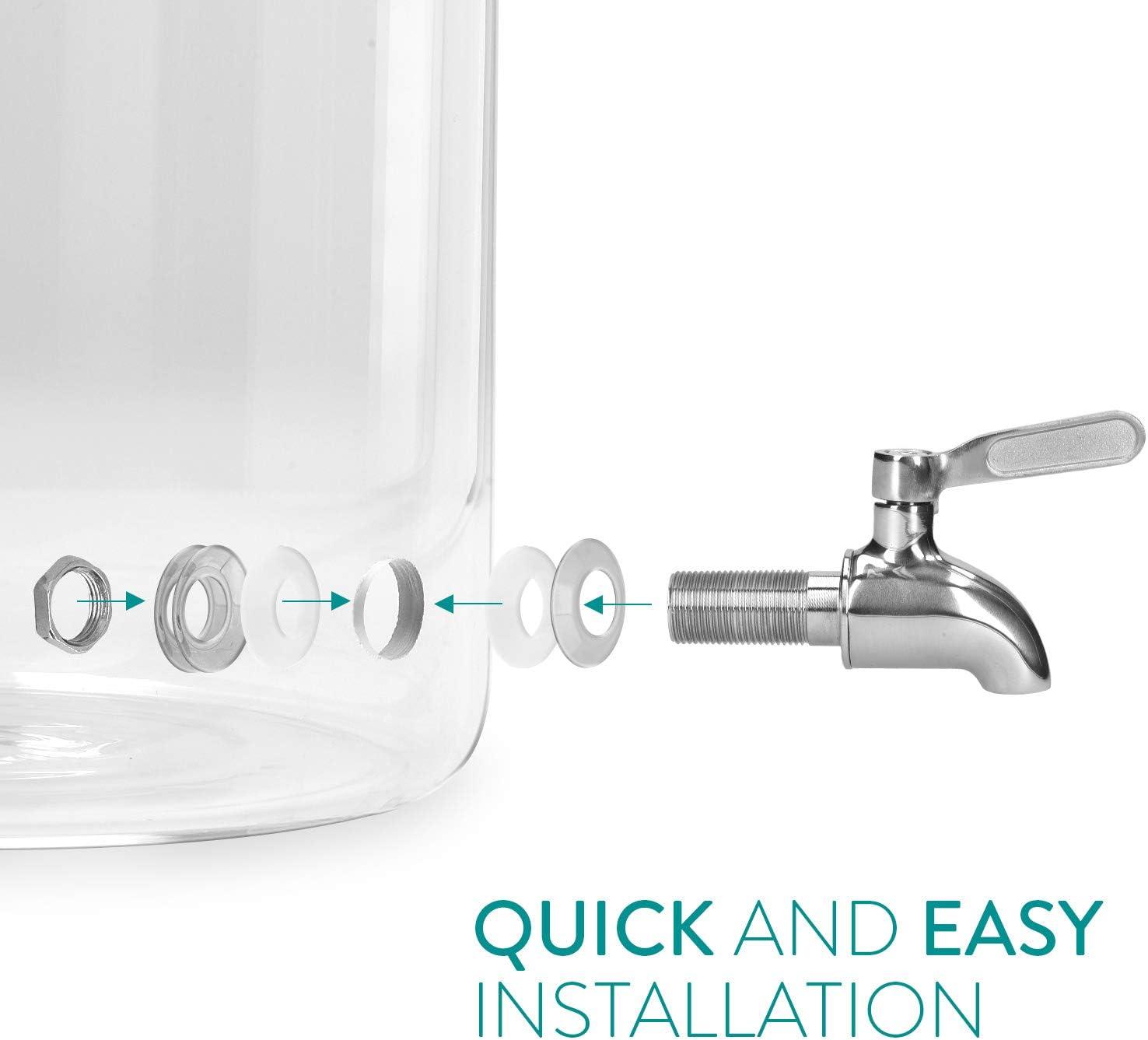 Navaris Beverage Dispenser with Stand - 1.8 Gallon (7L) Glass Drink Dispenser with Spigot, Lid, Wood Stand for Hot or Cold Drinks, Ice Water, Parties