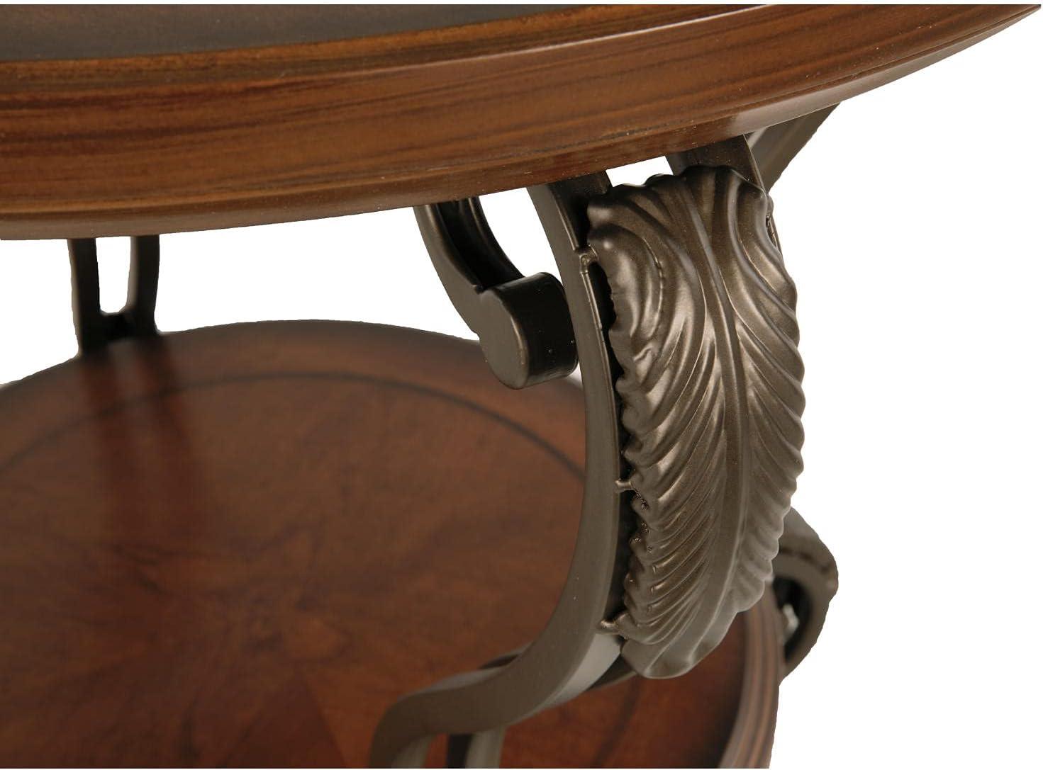 Nestor Contemporary Round End Table with Acanthus Leaf Carvings, Medium Brown