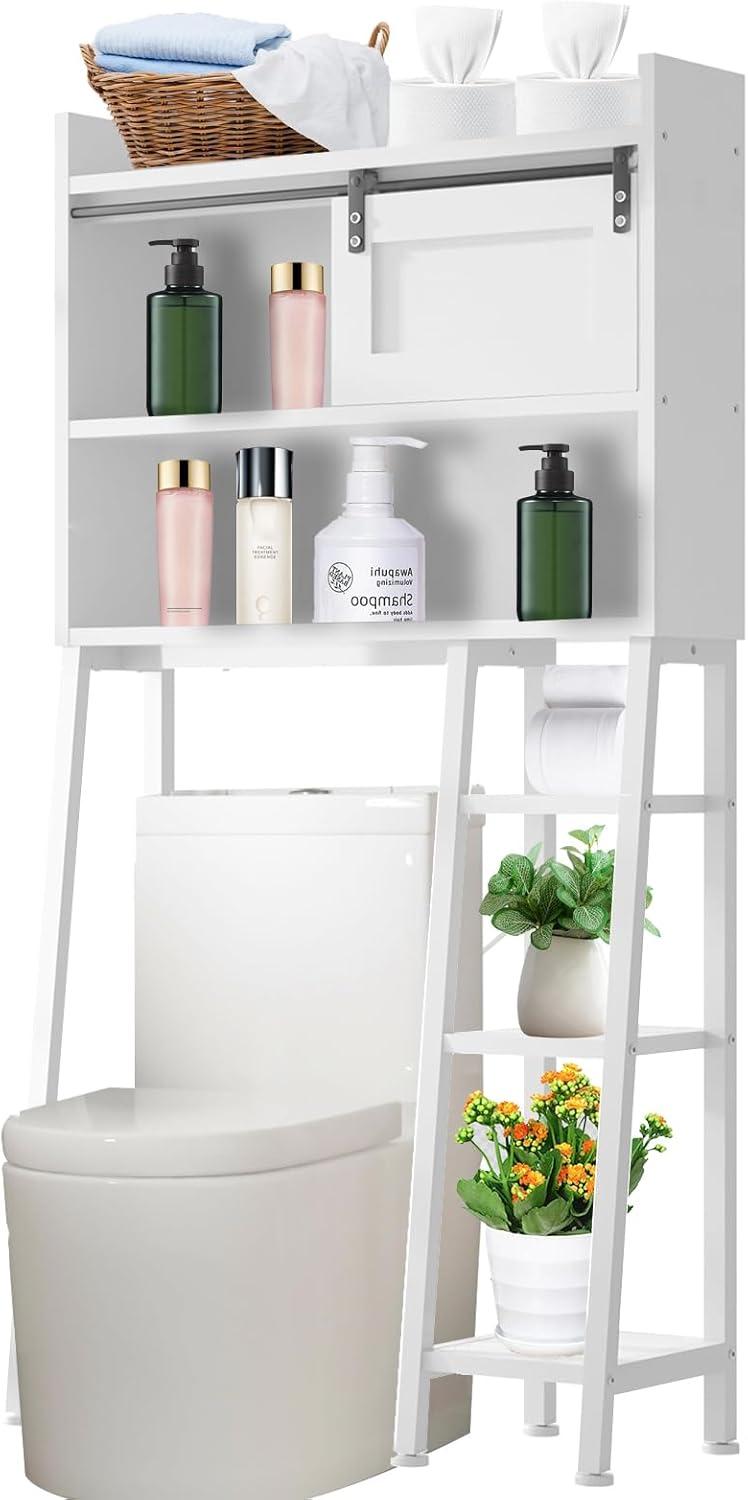 Over The Toilet Storage, Wooden 3-Tier Over-The-Toilet Rack Bathroom Space Saver Organizer, Freestanding Above Toilet Stand with Toilet Paper Holder and Towel Hook(White)