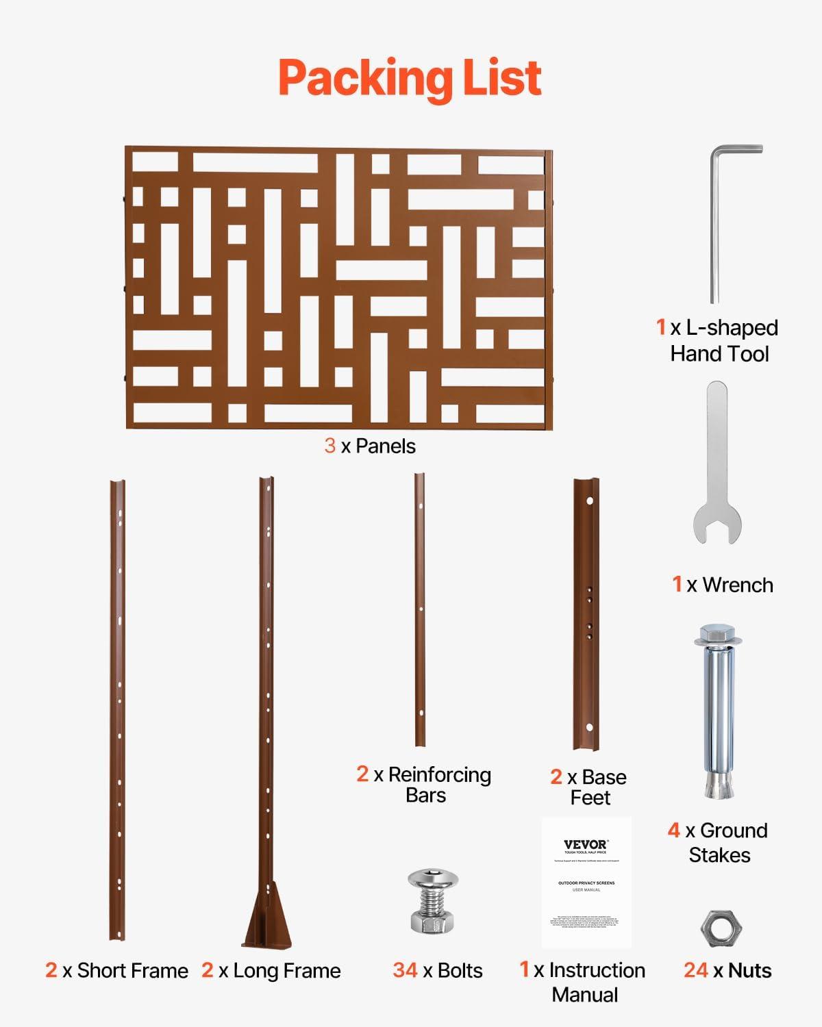 VEVOR Metal Privacy Screen, 47" W x 76" H, Outdoor Privacy Screens 3-Panel, Freestanding Outdoor Divider with Stand, Decorative Garden Steel Privacy Fence for Balcony Patio Indoor Room Hot Tub Brown