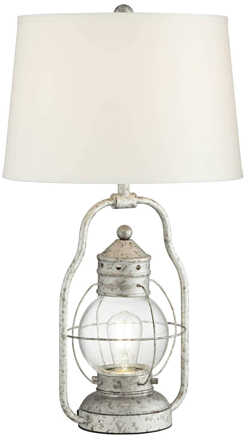 Distressed Silver Industrial Table Lamp with Off-White Fabric Shade