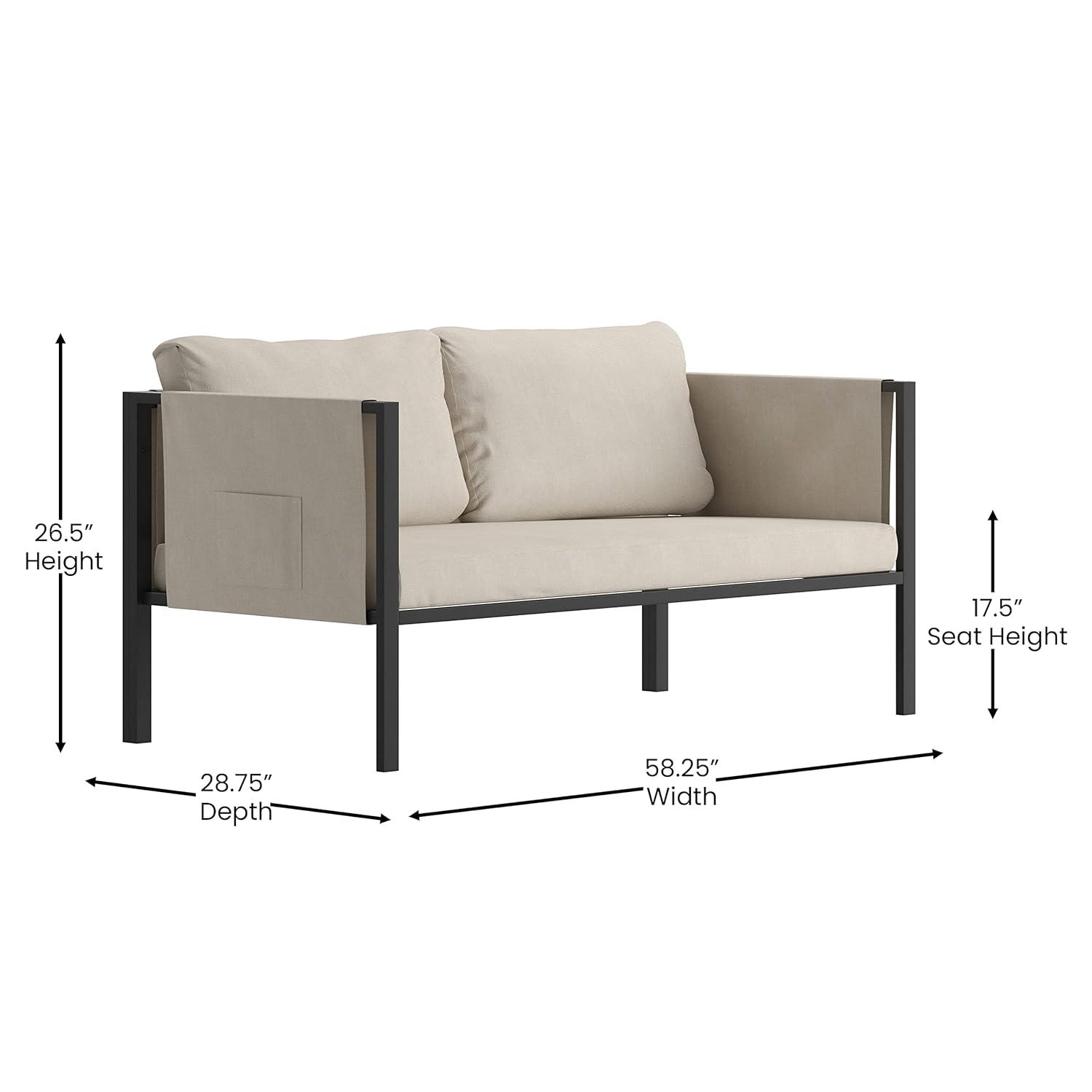 Flash Furniture Lea Indoor/Outdoor Loveseat with Cushions - Modern Steel Framed Chair with Storage Pockets, Black with Beige Cushions