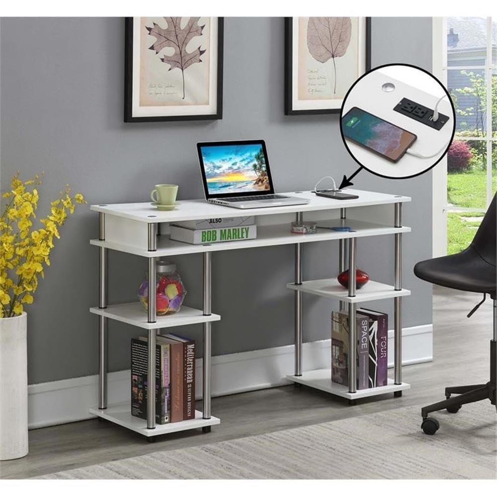 Adult, Designs2Go No Tools 30 inches Tall Student Desk with Charging Station and Shelves, White