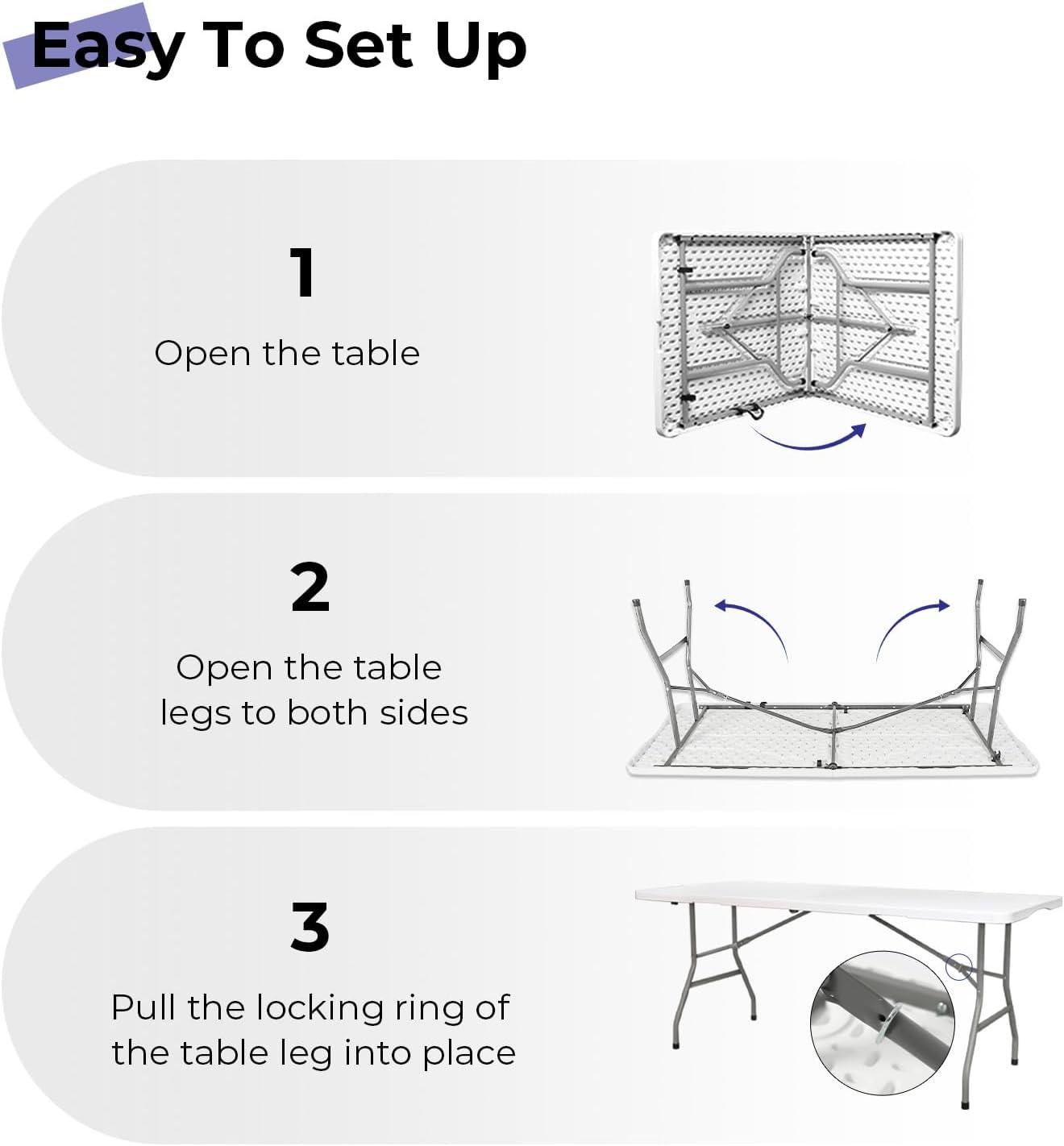 Folding Table 6ft Portable Heavy Duty Plastic Fold-in-Half Utility Foldable Table Plastic Dining Table Indoor Outdoor for Camping, Picnic and Party, White