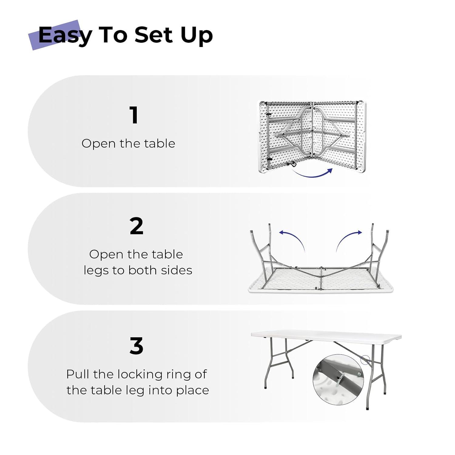 Folding Table 6ft Portable Heavy Duty Plastic Fold-in-Half Utility Foldable Table Plastic Dining Table Indoor Outdoor for Camping, Picnic and Party, White