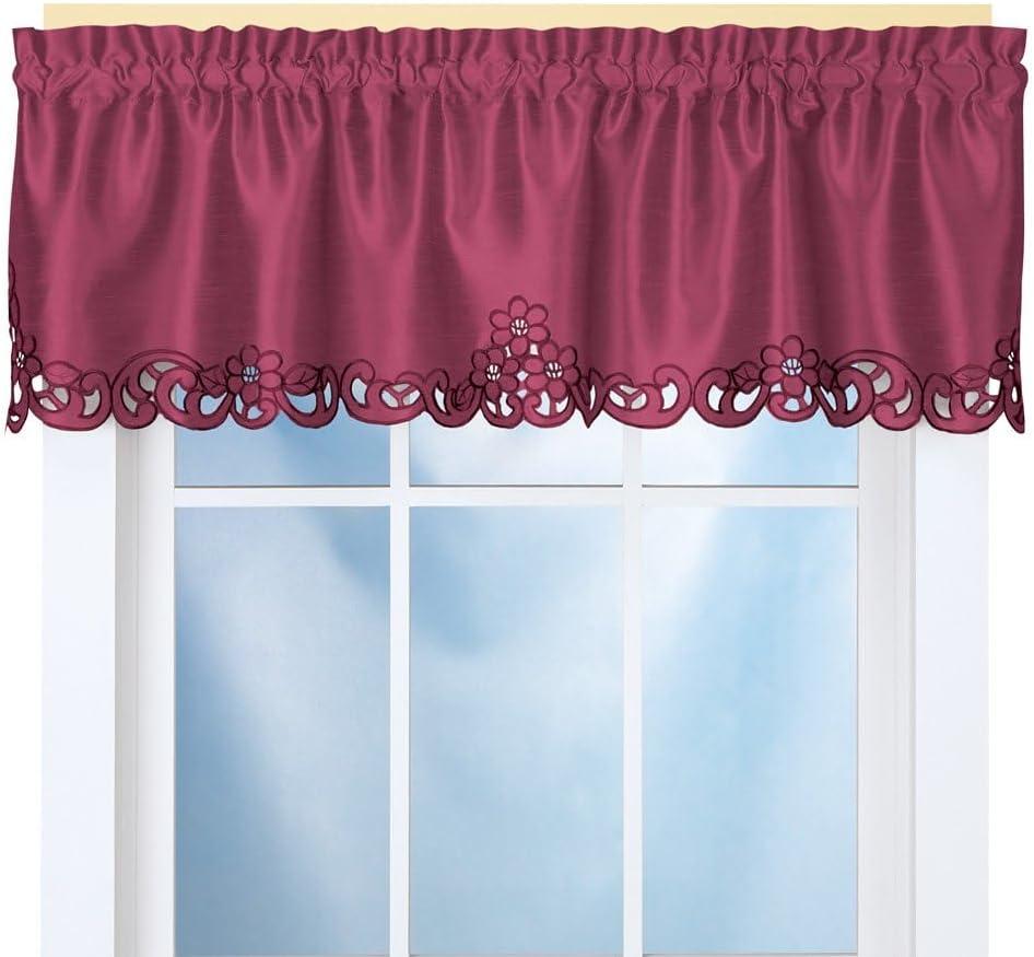 Collections Etc Elegance Scroll Embroidered Cut-Out Window Valance with Rod Pocket Top for Easy Hanging, 58" W x 13" L, Burgundy