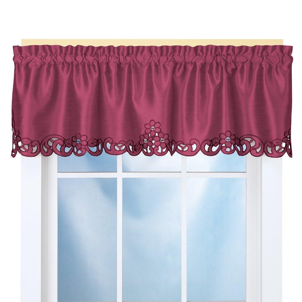 Collections Etc Elegance Scroll Embroidered Cut-Out Window Valance with Rod Pocket Top for Easy Hanging, 58" W x 13" L, Burgundy