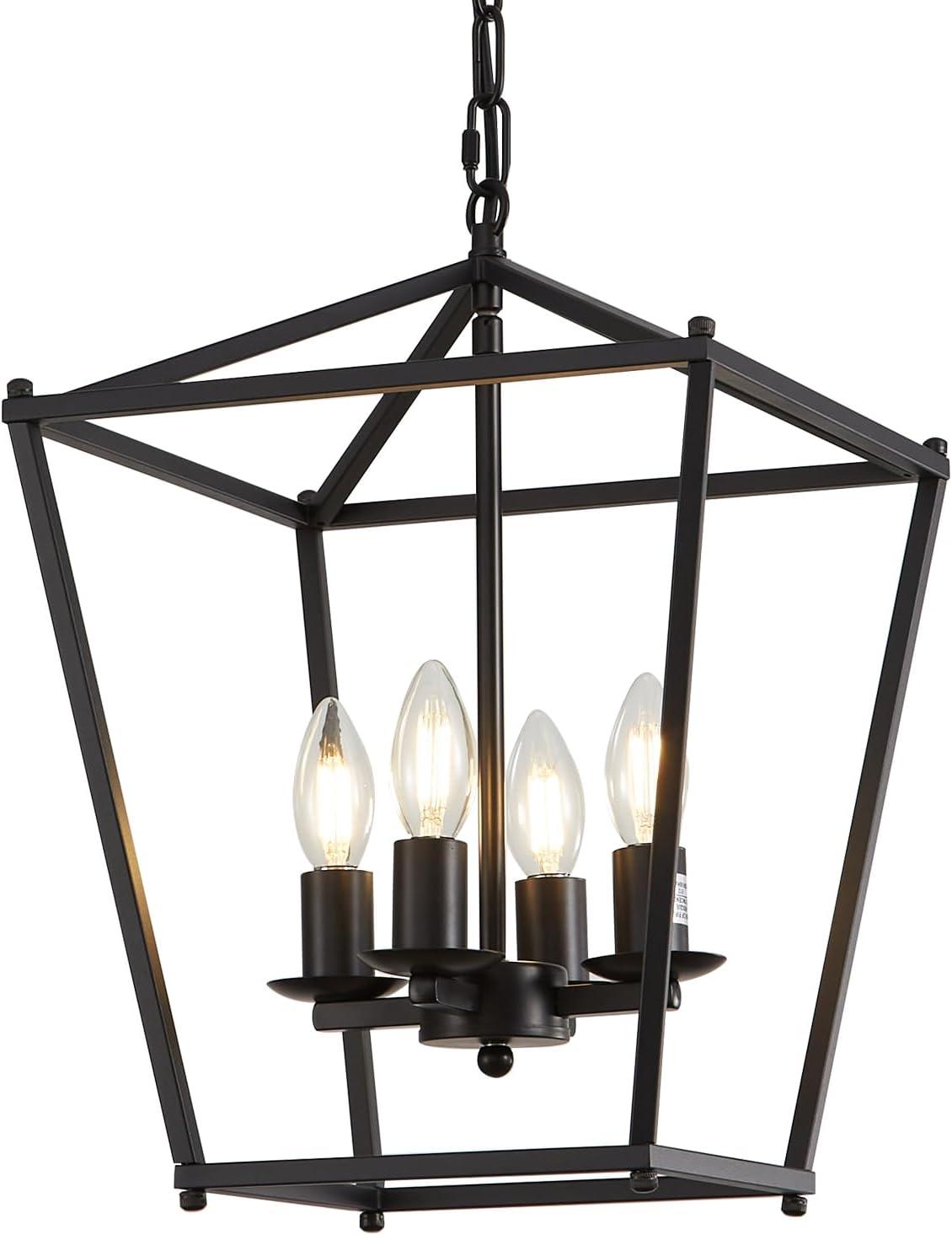 Rustic Lantern Chandeliers 4-Light Ceiling Cage Hanging Lights Gold Pendant Light Fixtures for Kitchen Island Dining Room Farmhouse Entryway Foyer