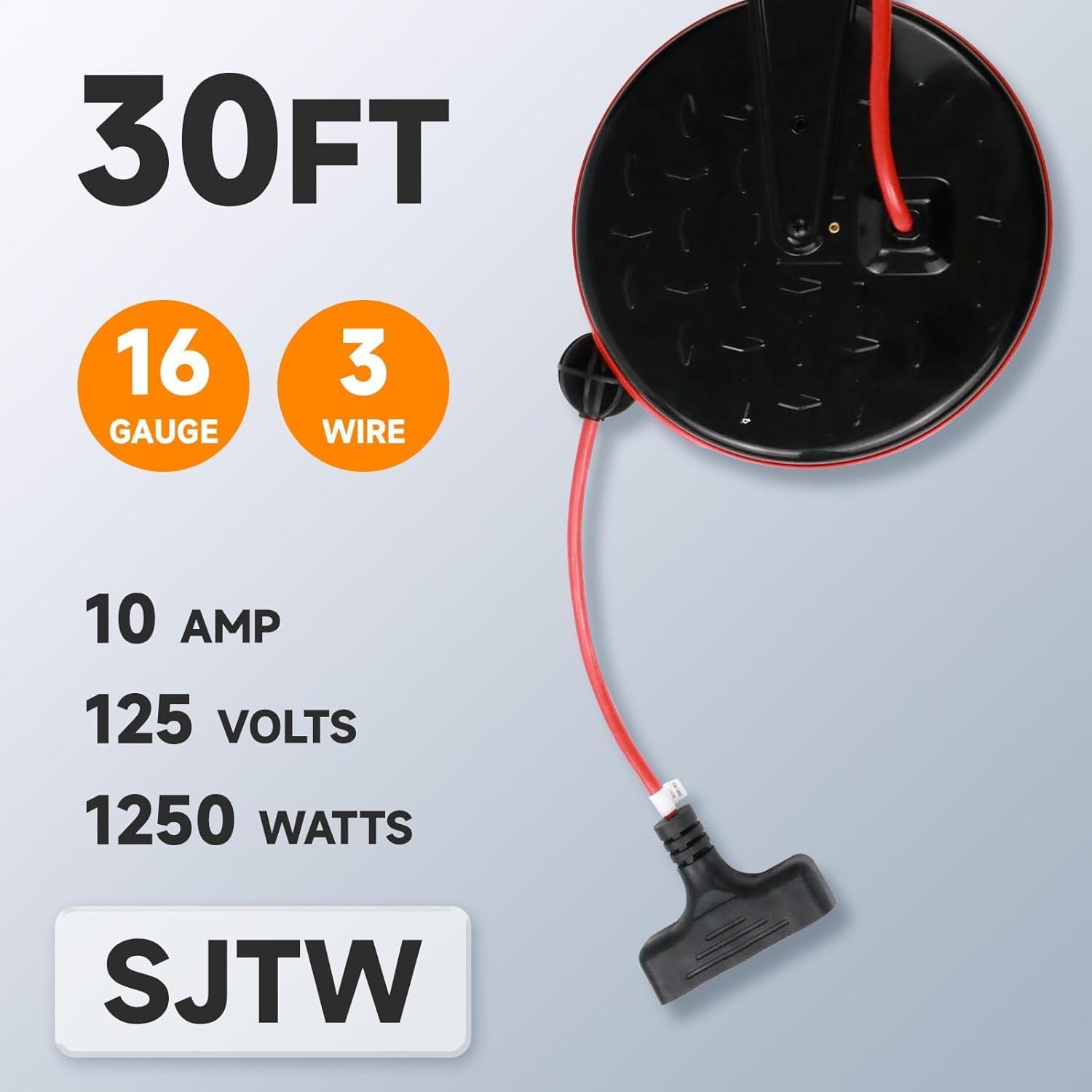 EP 30 Ft Retractable Extension Cord Reel, 16/3 SJTW Power Cord with 3 Electrical Outlets, Ceiling or Wall Mount, 10 Amp Circuit Breaker, Metal Plate, UL Listed, Red