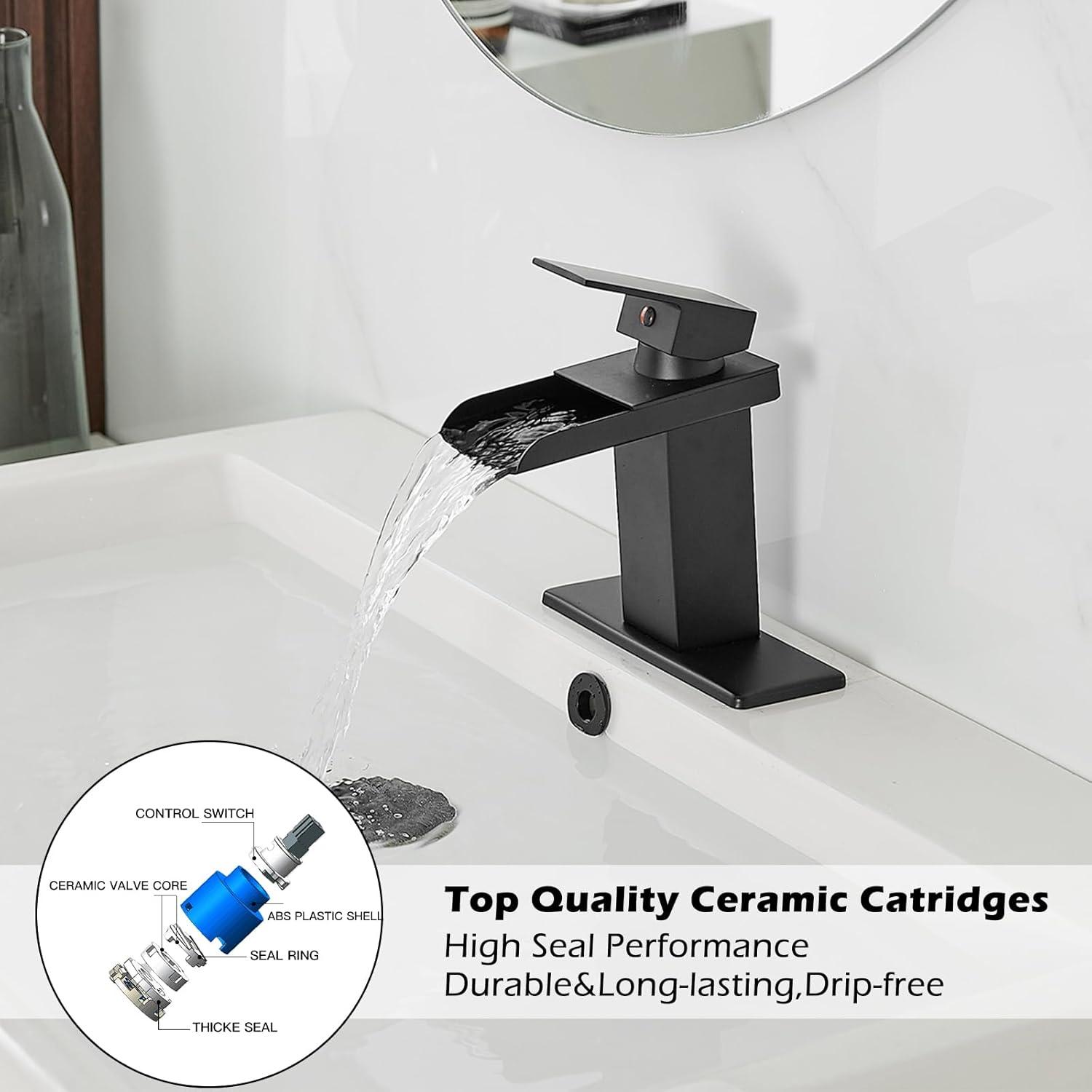 BWE Black Bathroom Faucet Waterfall Single Handle Bathroom Faucet One Hole Bathroom Sink Faucet with Supply Line Lavatory Vanity Mixer Tap Deck Mounted Matte Black