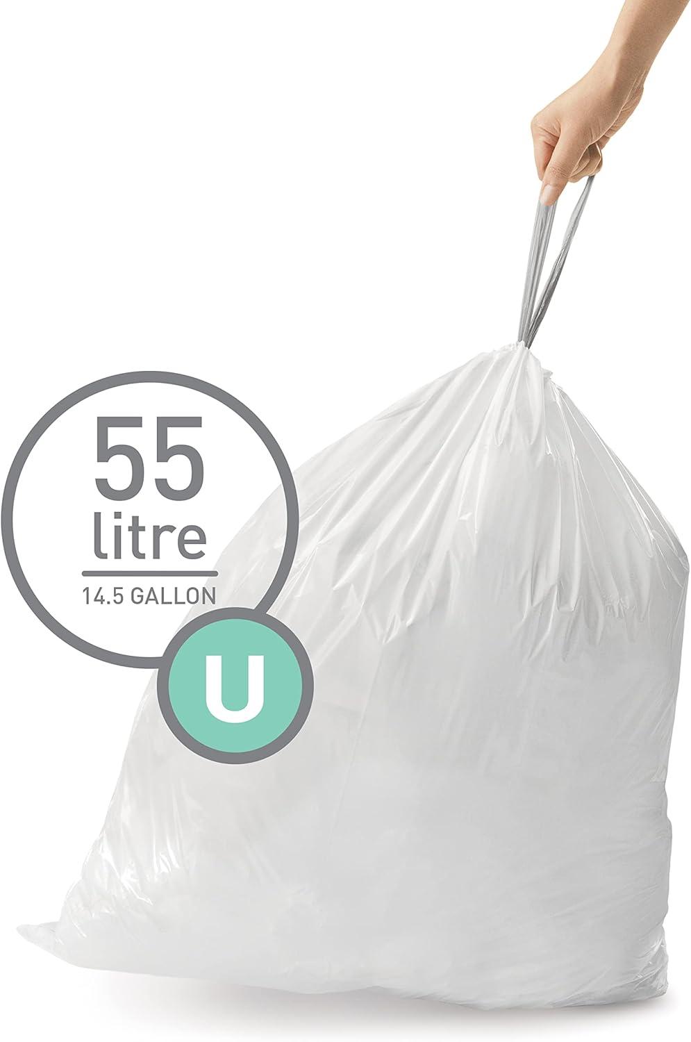 Simplehuman Code U Custom Fit Drawstring Trash Bags, 55 Liter / 14.5 Gallon, White, 60 Liners (Set of 60)