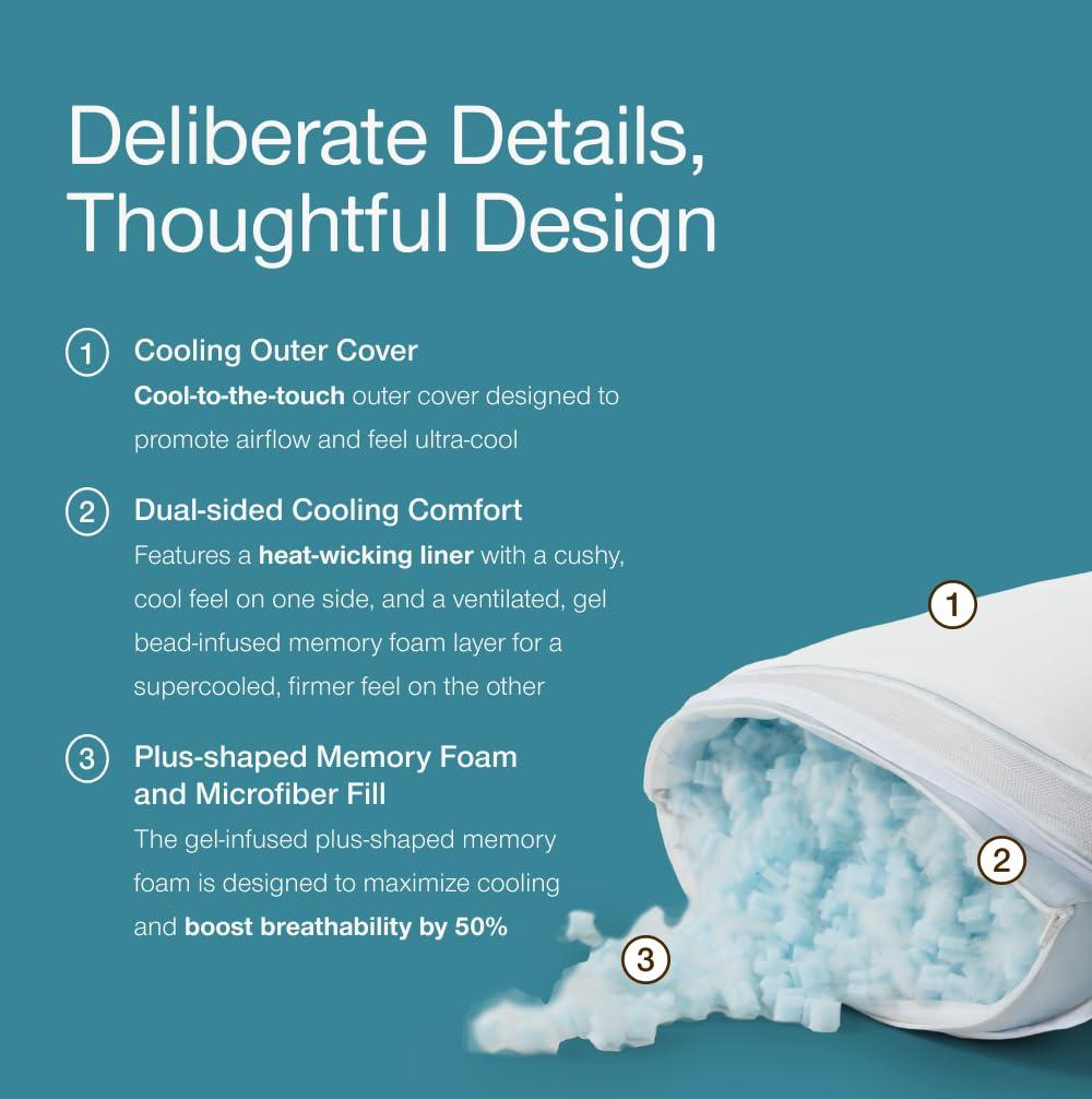 Coop Home Goods The Eden Cool+ Adjustable Pillow, Queen Size Plus Memory Foam Pillows with Cooling Gel, Back, Stomach or Side Sleeper, Neck Support