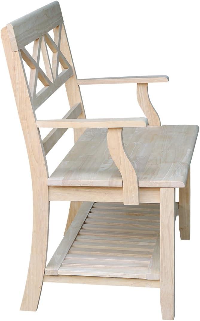Double X-Back Bench with Arms and a Shelf - International Concepts: Hardwood Frame, Non-Upholstered, 2-Person Seating