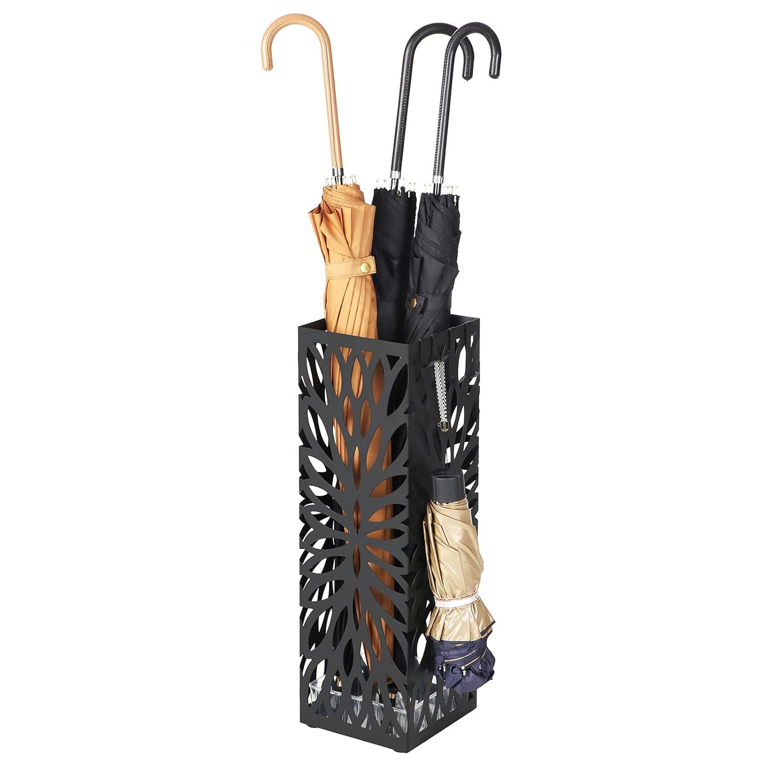 SONGMICS Umbrella Stand, Umbrella Holder for Entryway, Steel Square Umbrella Rack Organizer Freestanding, for Canes Walking Sticks, with a Detachable Drip Tray, 4 Hooks, Black ULUC48B