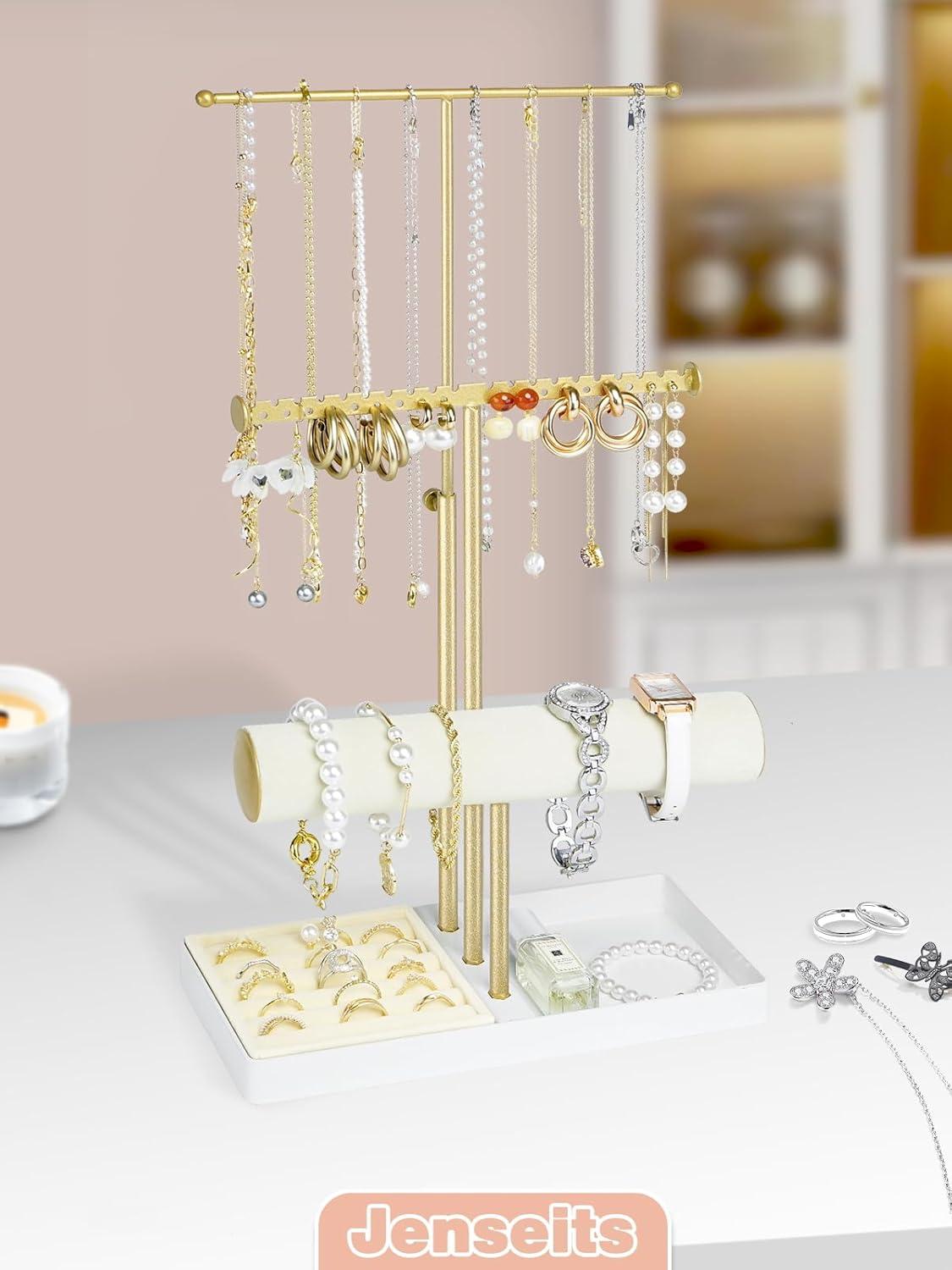 Jenseits Jewelry Organizer Stand Necklace Holder Organizer, 3-Tier Earrings Organizer w/Bracelet Storage Display & Velvet Ring Tray, Cute Metal Aesthetic Jewelry Tower Rack for Women Girls - Gold C47