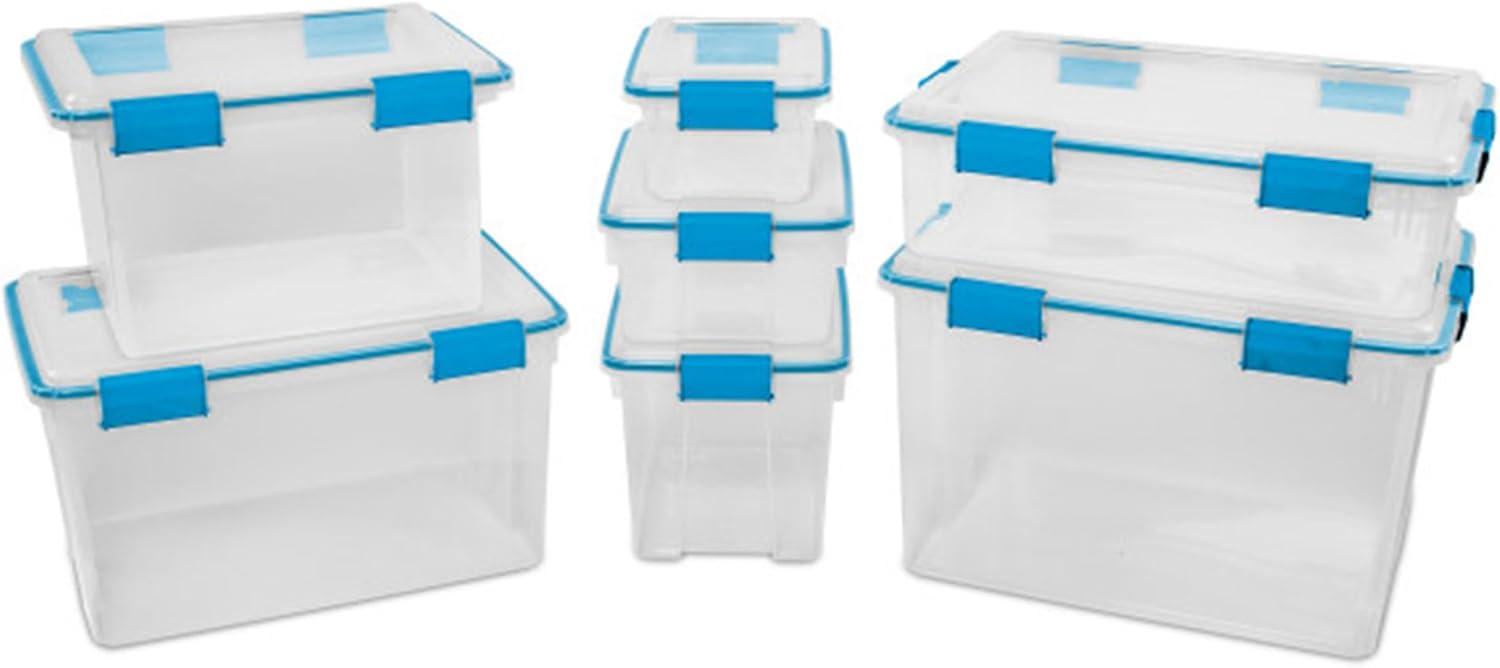 Sterilite 12 Qt Gasket Box, Stackable Storage Bin with Latching Lid and Tight Seal Plastic Container to Organize Basement, Clear Base and Lid, 12-Pack