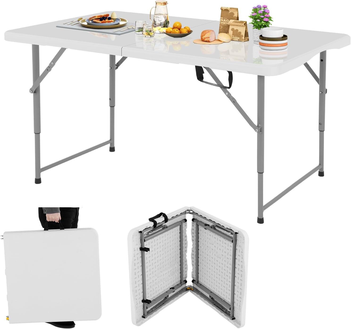 CL.HPAHKL 4 ft Folding Table with 3 Adjustable Height, Small Plastic Foldable Table with Carrying Handle, Portable Camping Table Fold in Half for Indoor Outdoor Camping, Picnic and Party, White