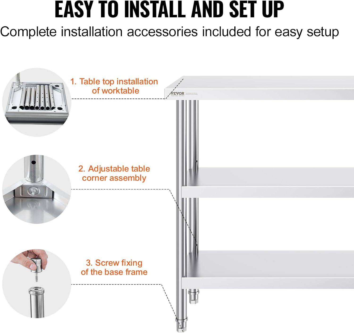 VEVOR Stainless Steel Food Prep Table, 14 x 48 x 34 Inch Commercial Kitchen Worktable, with 2 Adjustable Undershelf, Heavy Duty Prep Metal Work Tables for BBQ, Kitchen, Home, and Garage