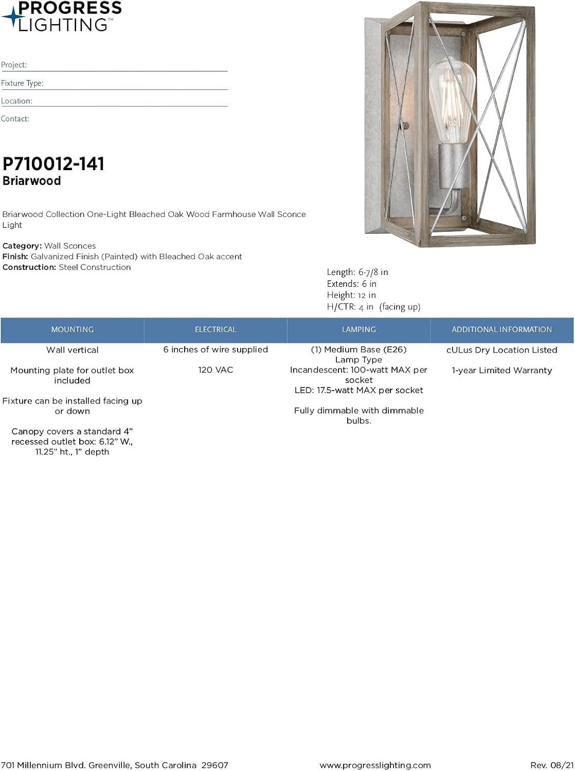Progress Lighting Briarwood 1-Light Wall Sconce, Galvanized Steel, X-Brace Design, Faux Wood Frame