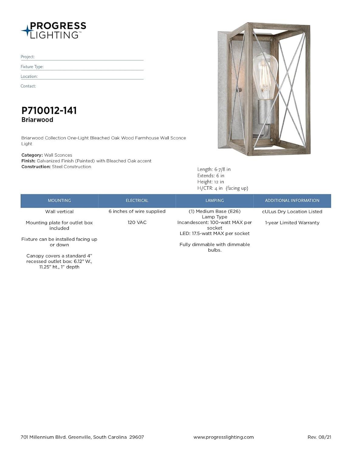 Progress Lighting Briarwood 1-Light Wall Sconce, Galvanized Steel, X-Brace Design, Faux Wood Frame