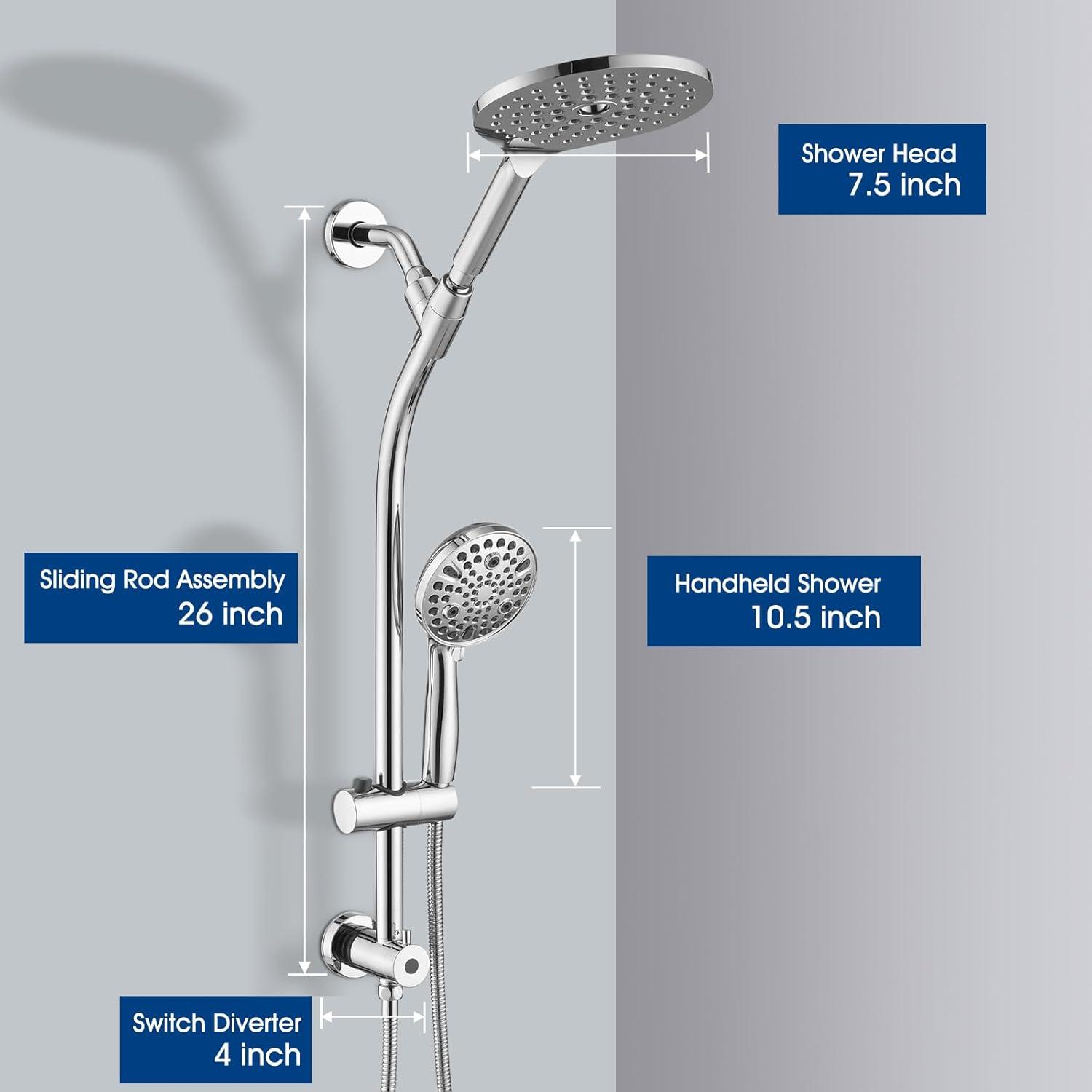 Rainfall Shower Head with Handheld Shower Spray, with 26" Drill Free Adjustable Height Slider Bar, High Pressure Dual Shower Head Combo, 3-Way Diverter for Easy Reach, 5Ft Hose - Chrome Finish