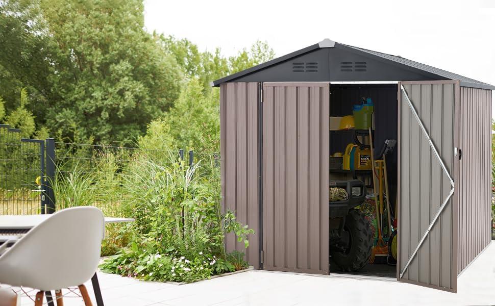 U-MAX 8' x 10' Shed Outdoor Storage Shed Clearance, Extra Large Yard Steel Metal Garden Shed with Design of Lockable Doors, Tool and Utility Storage for Backyard, Garden, Patio, Outside use in Taupe