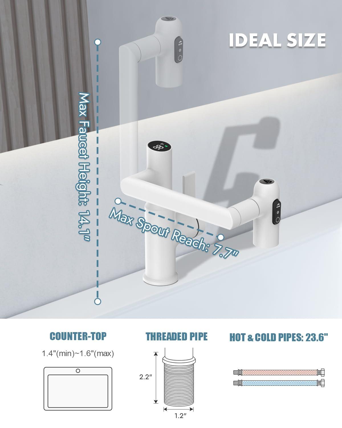 Lefton Rotatable Bathroom Faucet with Temperature Display (Batteries-Free), 3 Water Outlet Modes, White, BF2204-4