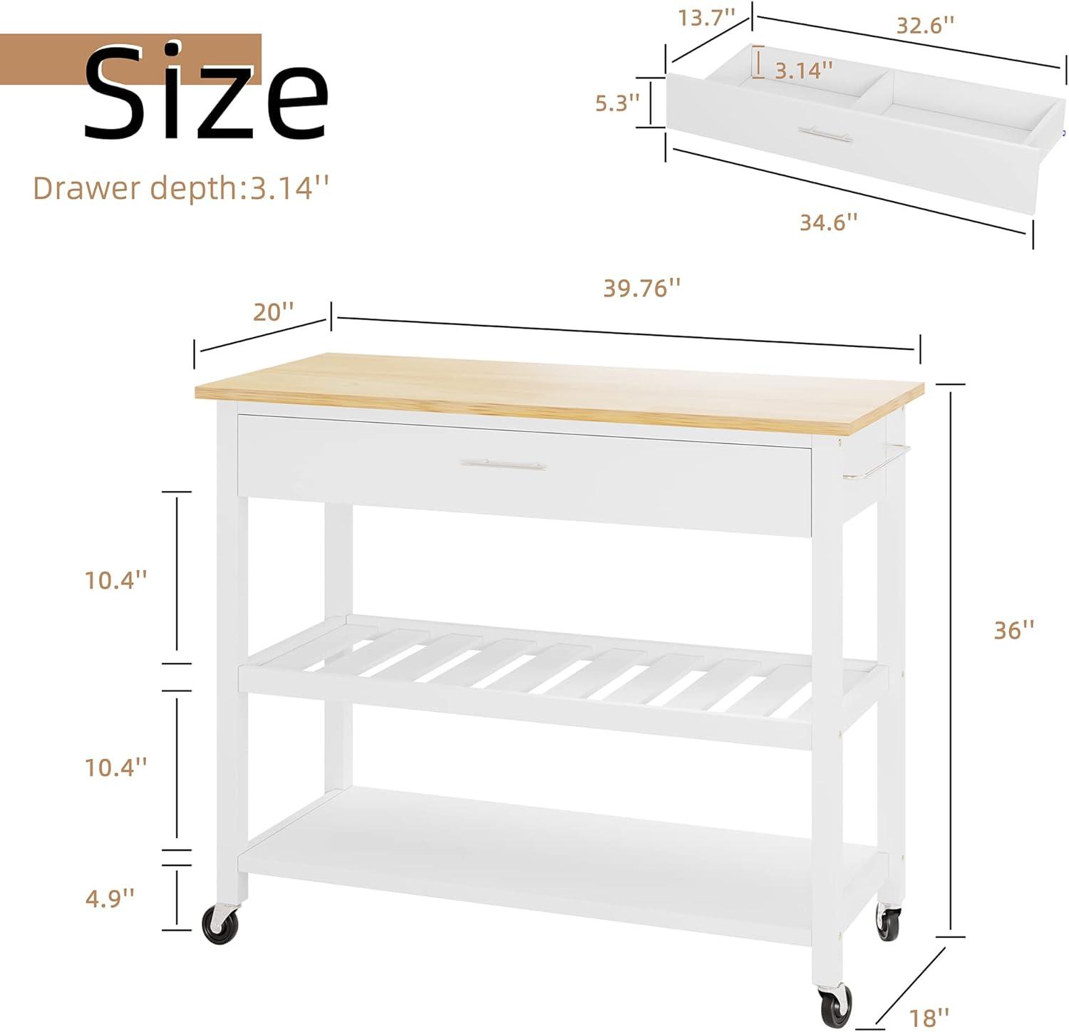 Sobaniilo Small Kitchen Island on Wheels with 3-Tier Side Spice Rack and Rubber Wood Top, Trolley Cart with Storage Cabinet & Drawer and Handle/Towel Rack, White