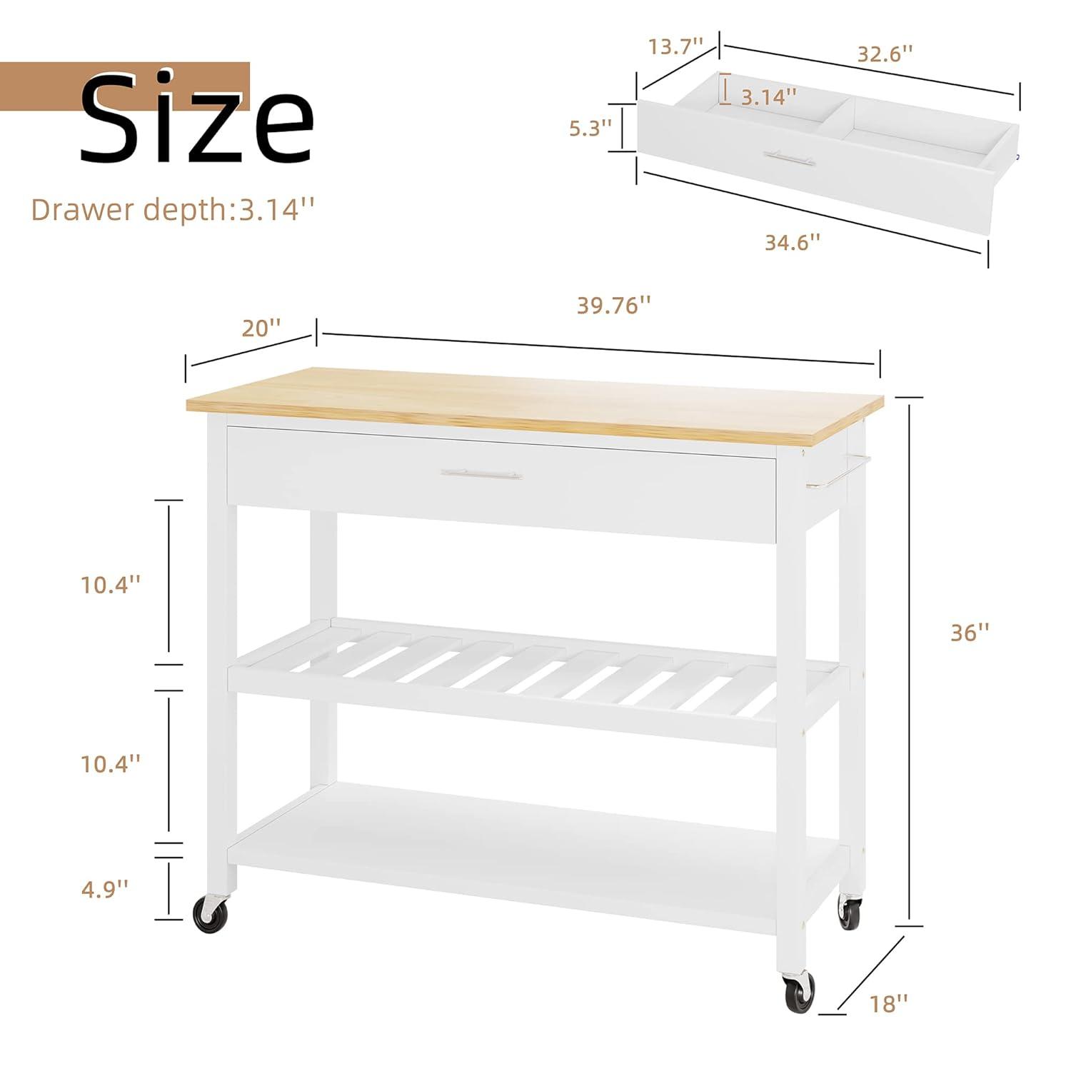 Sobaniilo Small Kitchen Island on Wheels with 3-Tier Side Spice Rack and Rubber Wood Top, Trolley Cart with Storage Cabinet & Drawer and Handle/Towel Rack, White