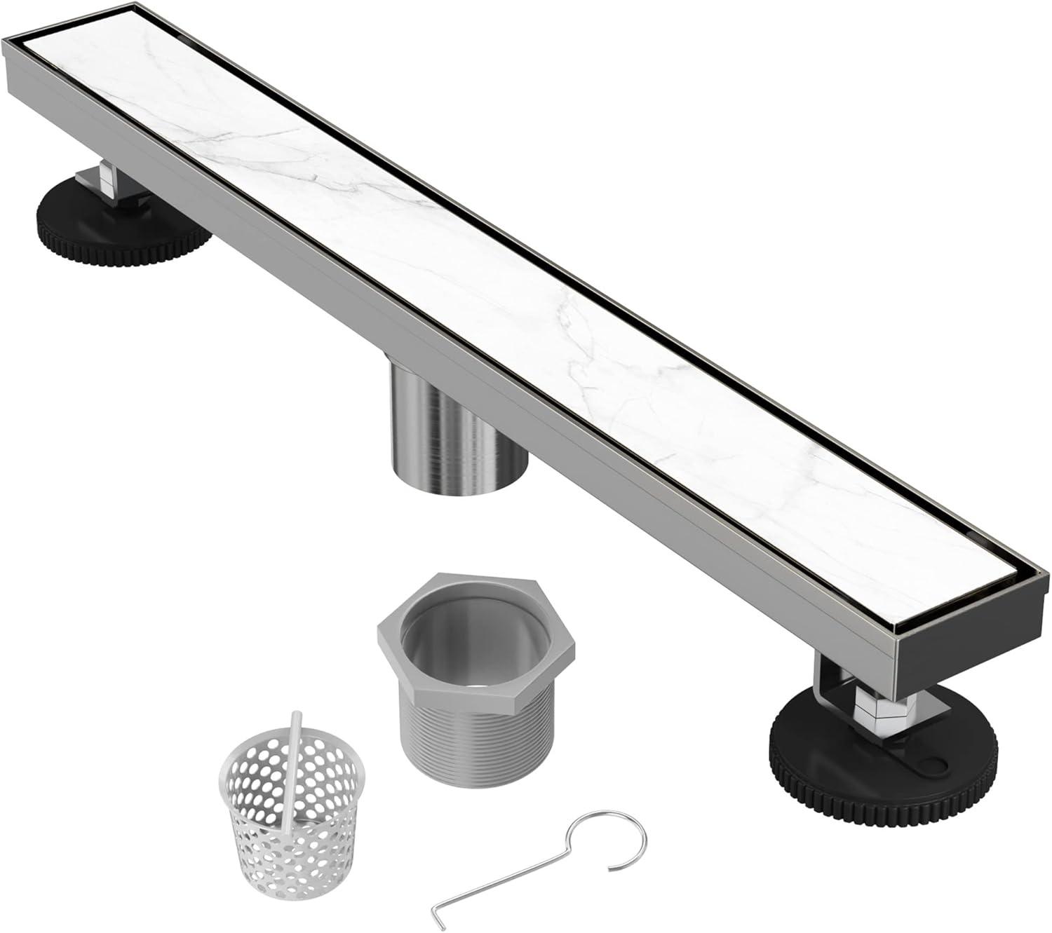 24" Linear Tile-in Shower Drain with Hair Strainer & Lifting Hook-Modern Stainless Steel Drain for Bathroom Showers