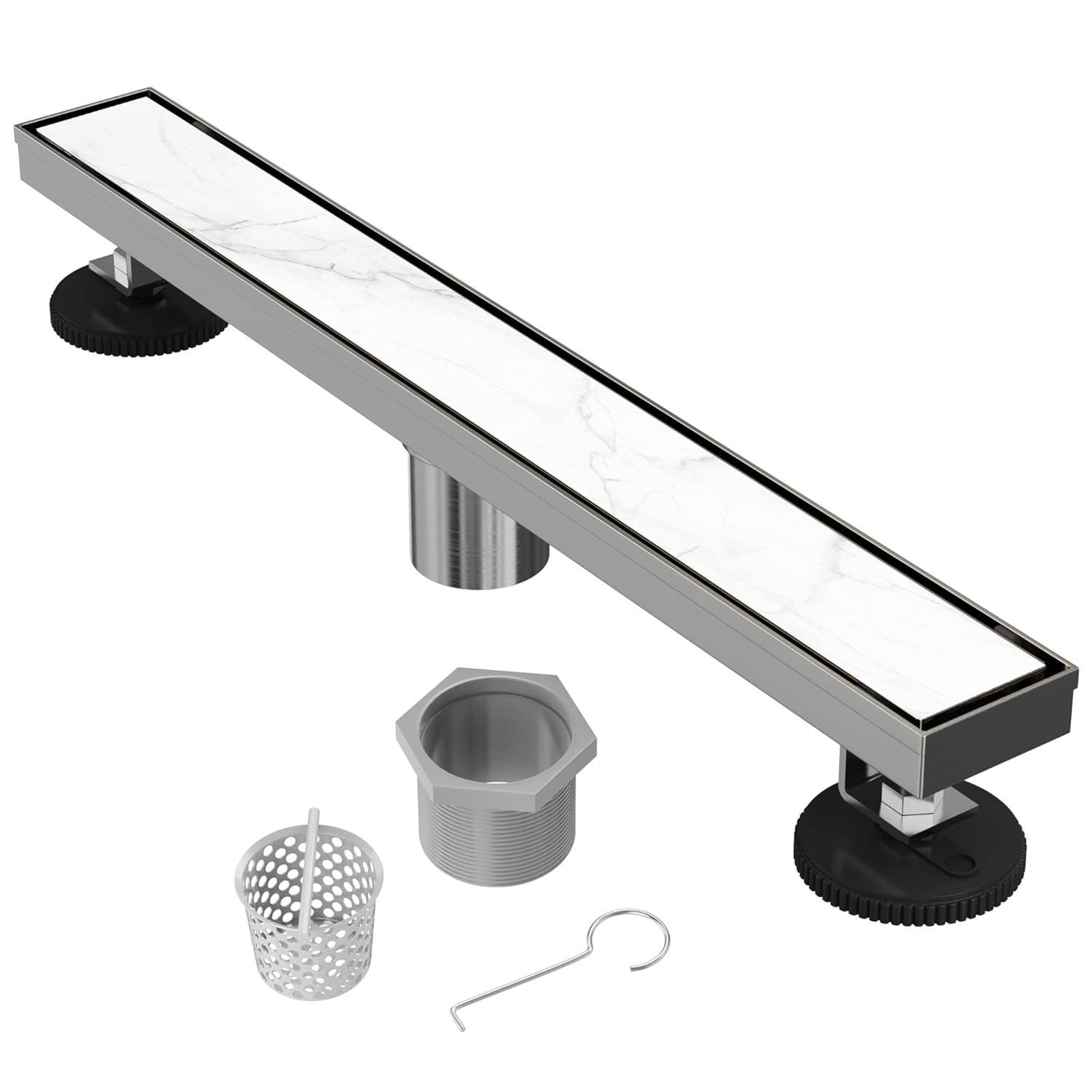 24" Linear Tile-in Shower Drain with Hair Strainer & Lifting Hook-Modern Stainless Steel Drain for Bathroom Showers