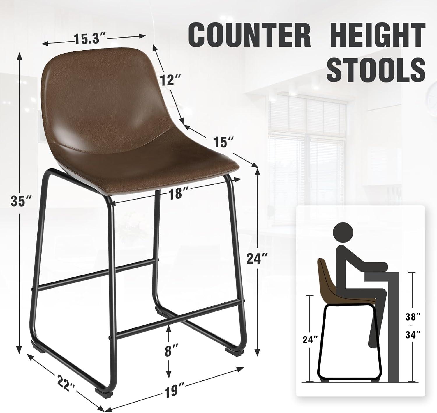 Bennium Counter Stools Set of 2, 24 inch Counter Height Bar Stools Hold up to 500 lbs, Armless Counter Height Chairs with Metal Legs & Soft Backrest for Kitchen Island Coffee Shop, Brown