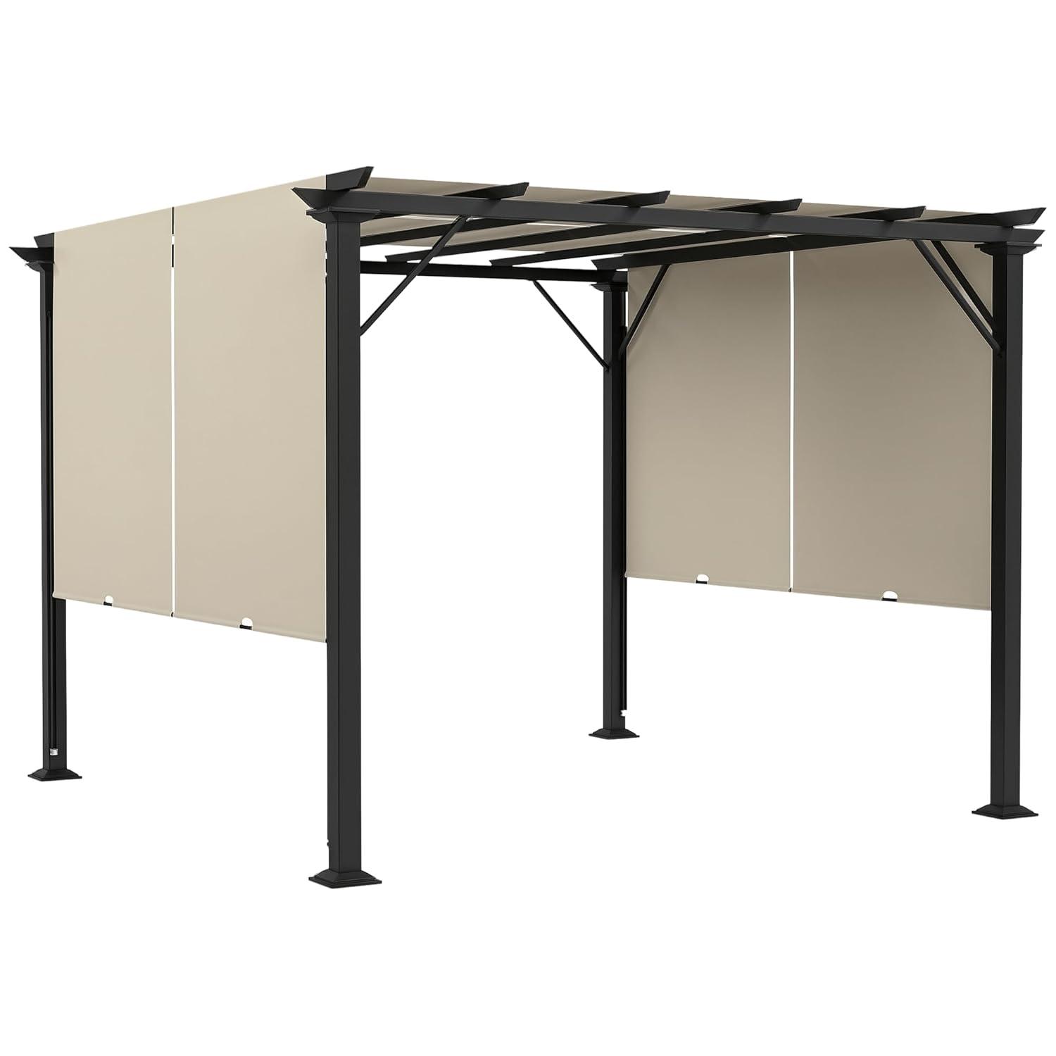 Outsunny 10' x 10' Outdoor Retractable Pergola Canopy with Sun Shade Unique Design Canopy Patio Metal Shelter for Garden Porch Beach, Beige