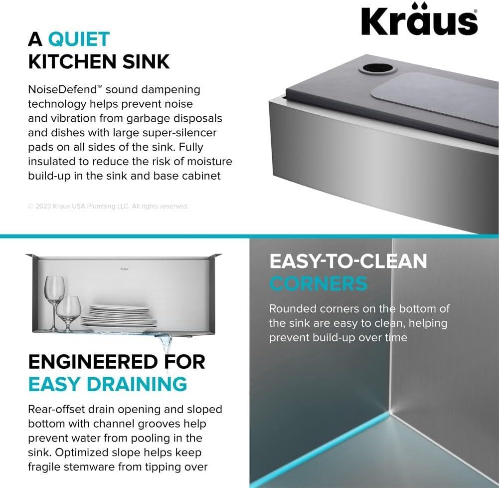 KRAUS Kore™ 24" L Farmhouse Apron Front Workstation 16 Gauge Stainless Steel Single Bowl Kitchen Sink with Accessories